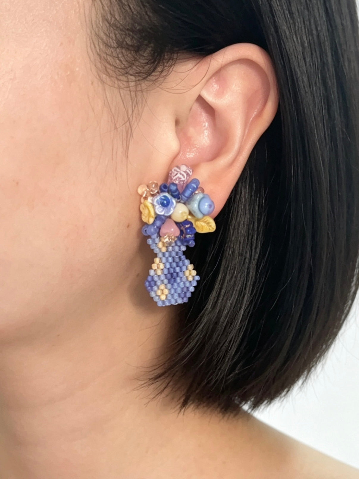 「Flat Vase」Handmade Czech Glass Beaded Ear Studs: Floral Arrangement Earrings