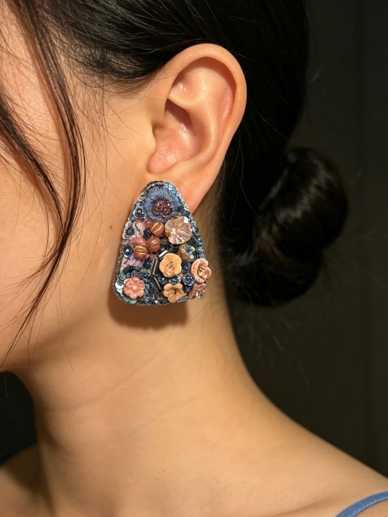 「Corner Flowerbed」Hand Embroidered Flower Earrings: Beaded Floral Stud Earrings