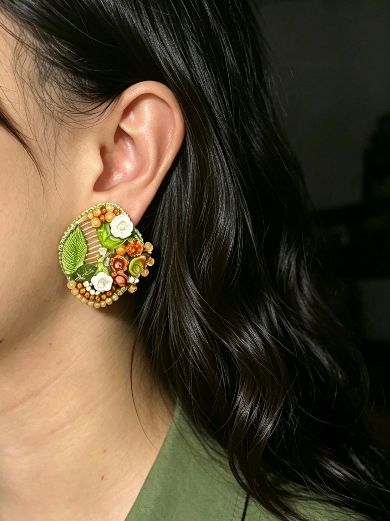 「Corner Flowerbed」Hand Embroidered Flower Earrings: Beaded Floral Stud Earrings
