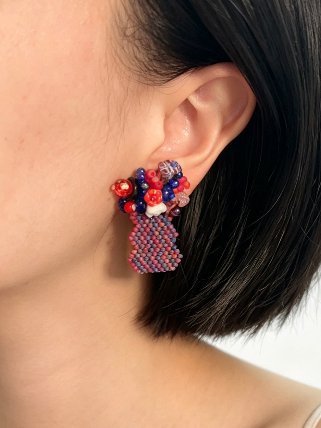 「Flat Vase」Handmade Beaded Floral Stud Earrings,Beaded Earrings for Vacations,Romantic Summer Looks