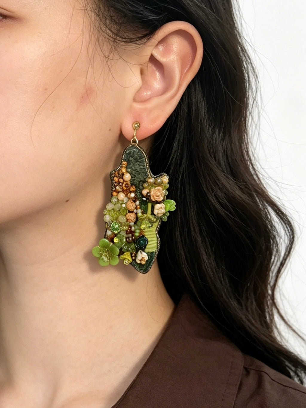 「Flower Bloom Island」Handmade Embroidered Earrings,Island-Shaped Beaded Earrings
