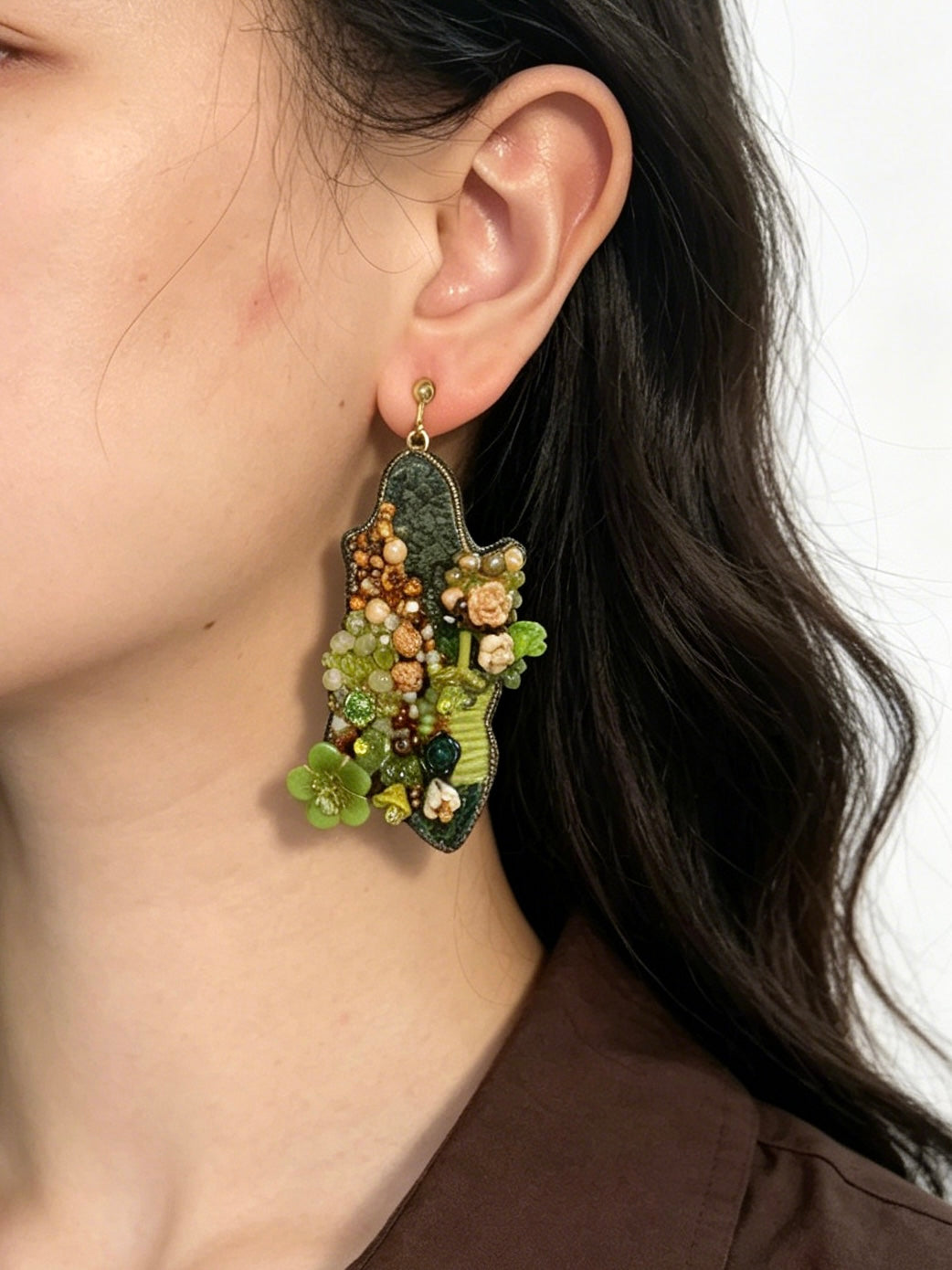 「Flower Bloom Island」Handmade Embroidered Earrings,Island-Shaped Beaded Earrings