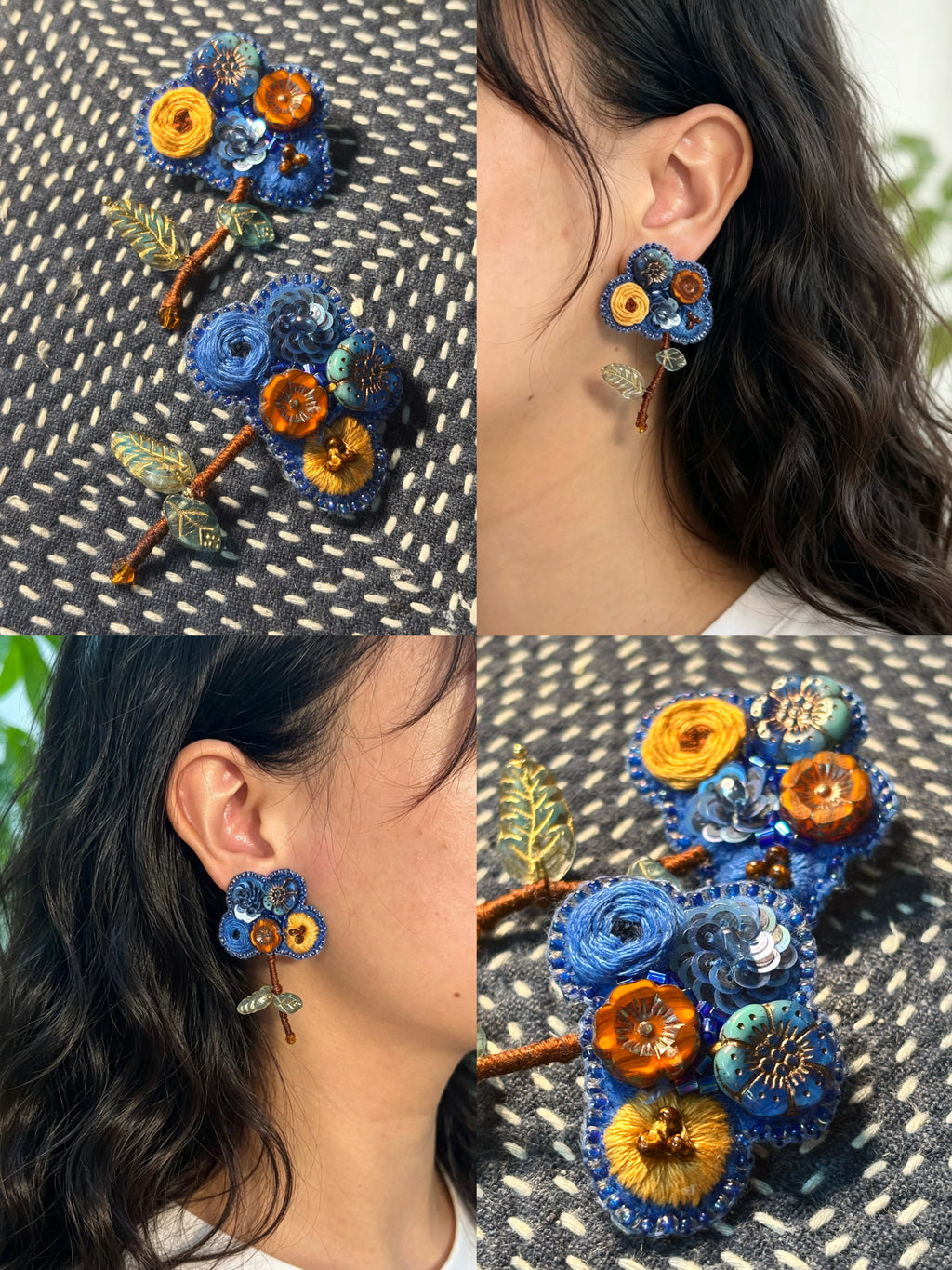 「Floater twig」Hand-Embroidered Flower Earrings: Bead Embroidery Floral Stud Earrings