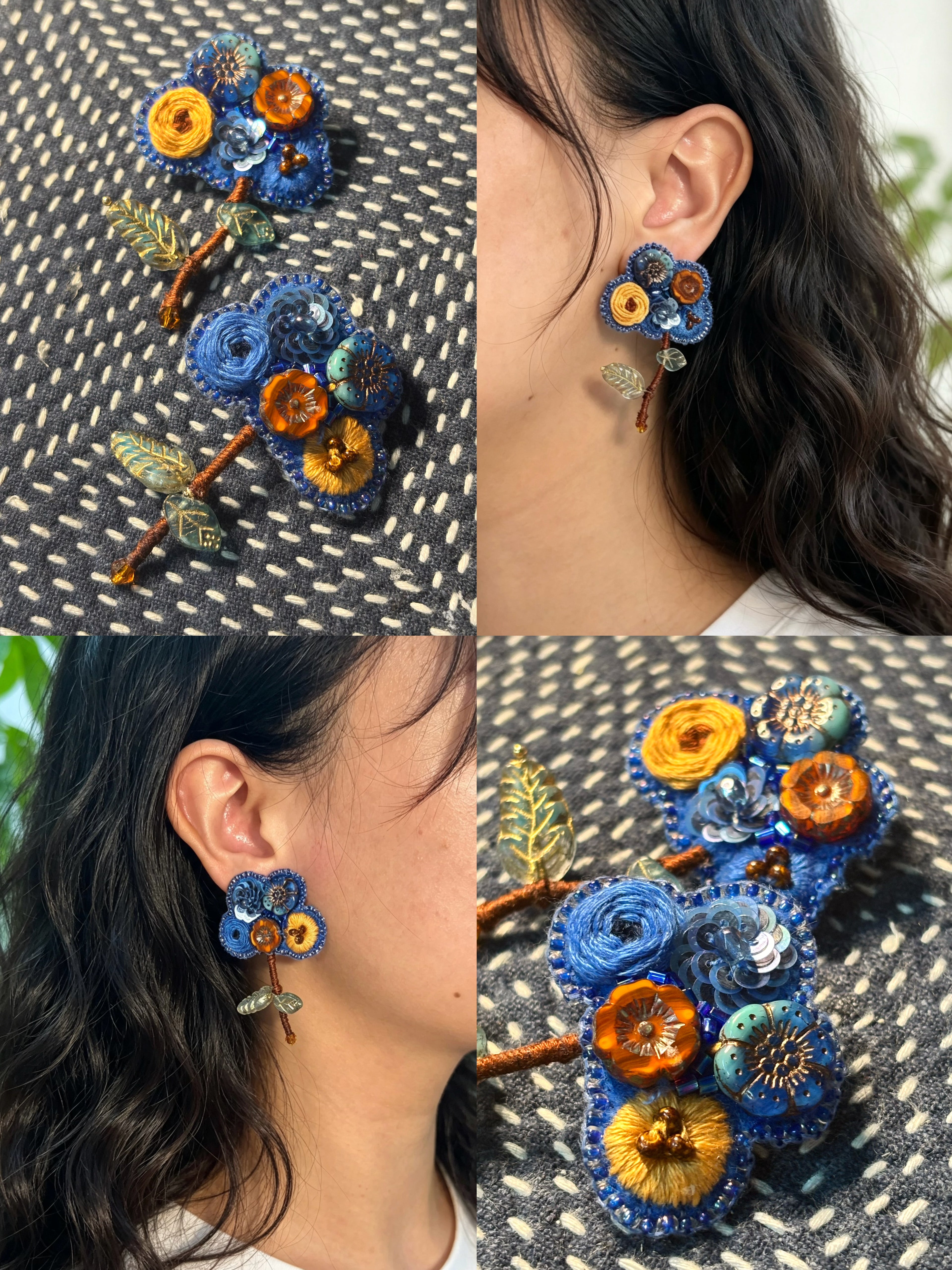 「Floater twig」Hand-Embroidered Flower Earrings: Bead Embroidery Floral Stud Earrings