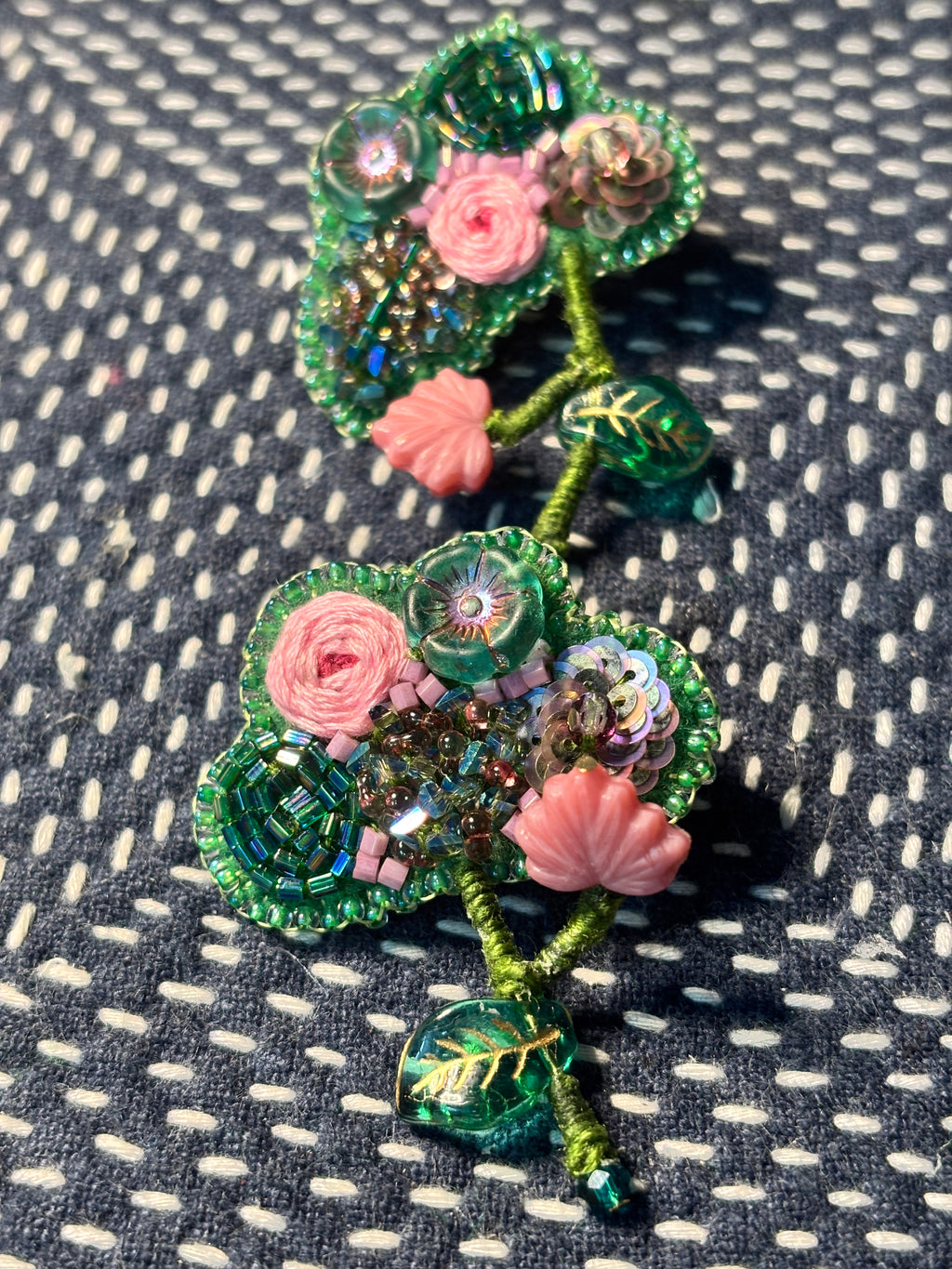「Floater twig」Hand-Embroidered Flower Earrings: Bead Embroidery Floral Stud Earrings
