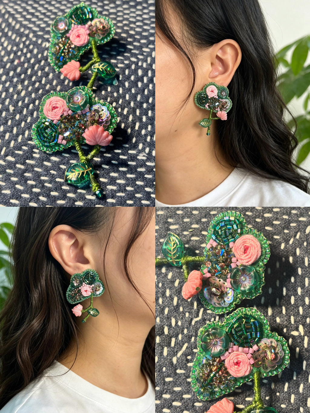 「Floater twig」Hand-Embroidered Flower Earrings: Bead Embroidery Floral Stud Earrings