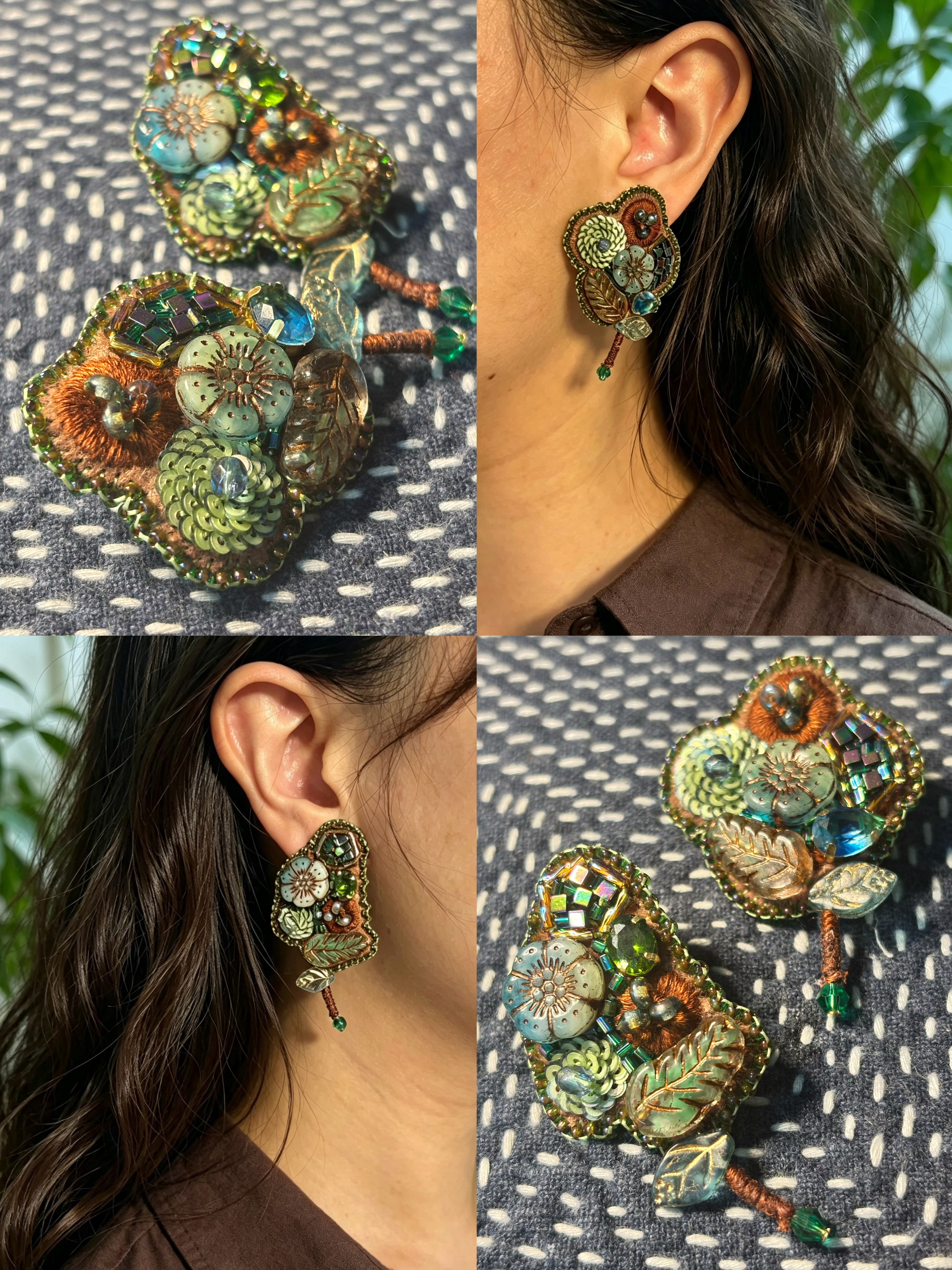 「Floater twig」Hand-Embroidered Flower Earrings: Bead Embroidery Floral Stud Earrings