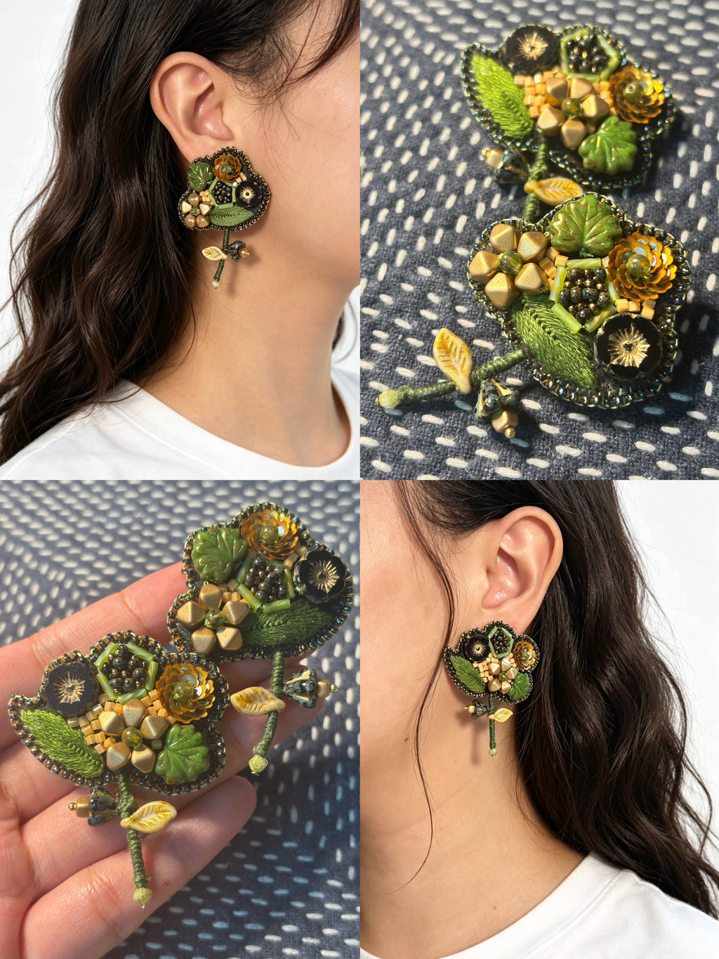 「Floater twig」Hand-Embroidered Flower Earrings: Bead Embroidery Floral Stud Earrings