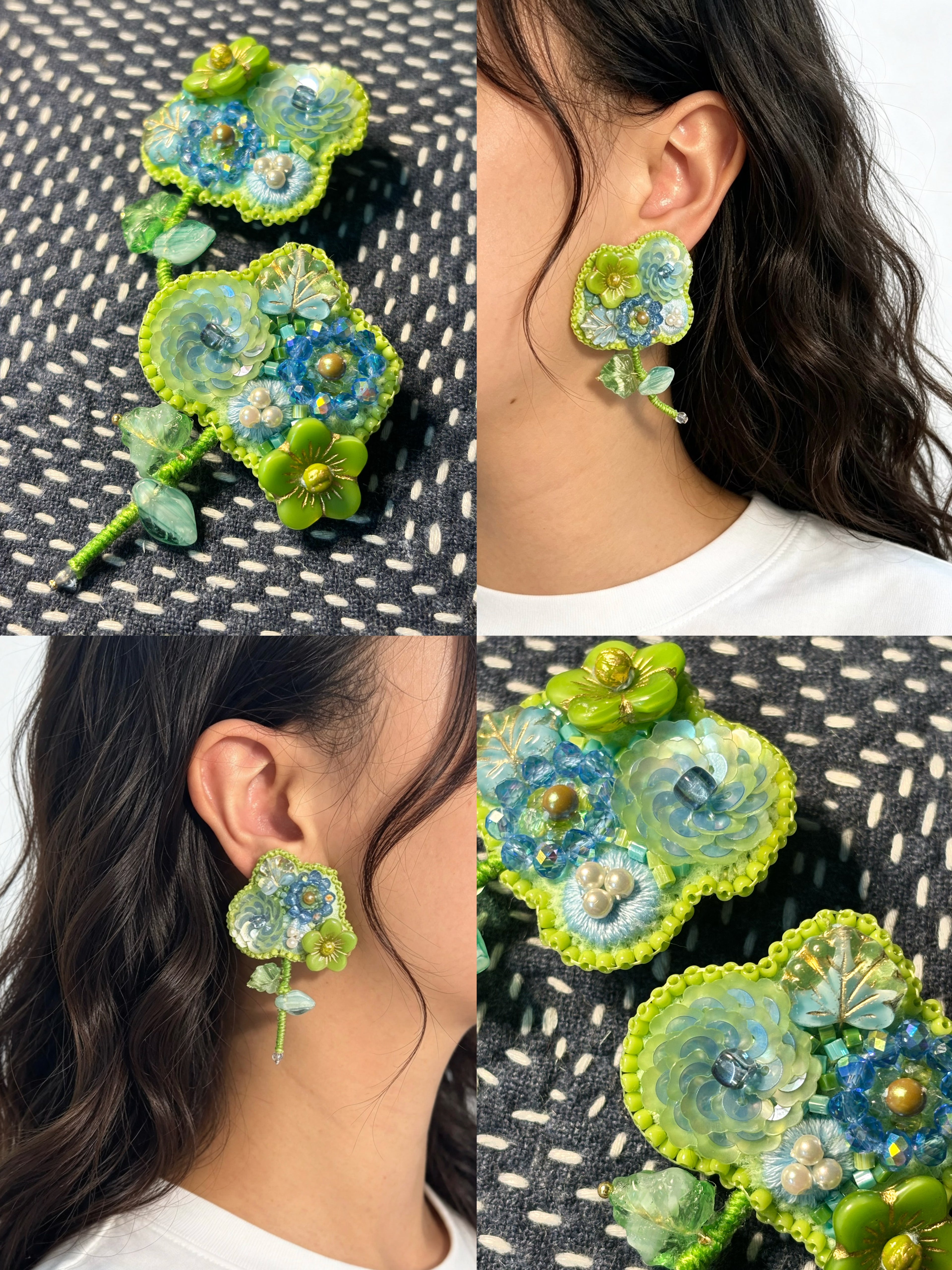 「Floater twig」Hand-Embroidered Flower Earrings: Bead Embroidery Floral Stud Earrings