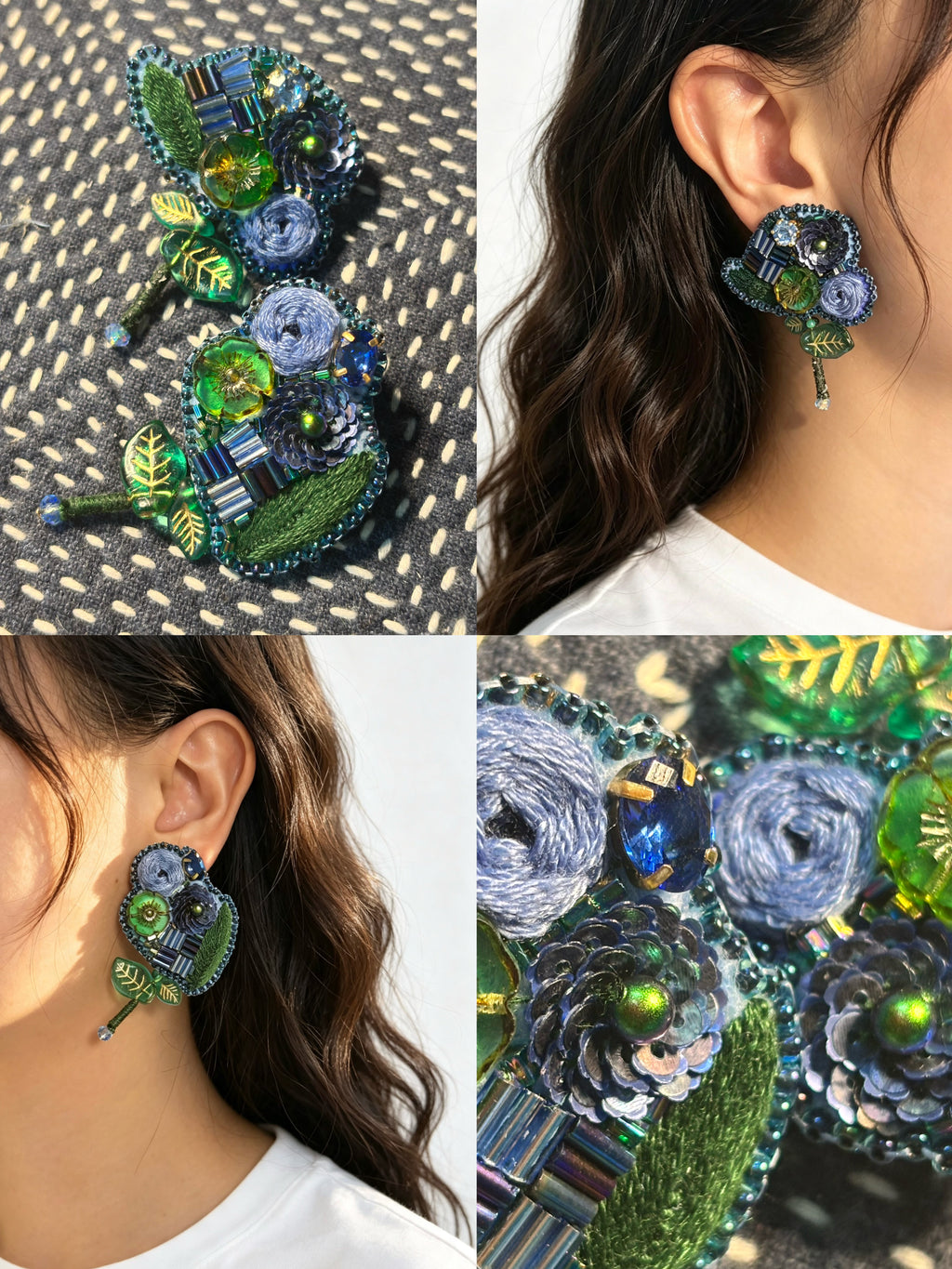 「Floater twig」Hand-Embroidered Flower Earrings: Bead Embroidery Floral Stud Earrings
