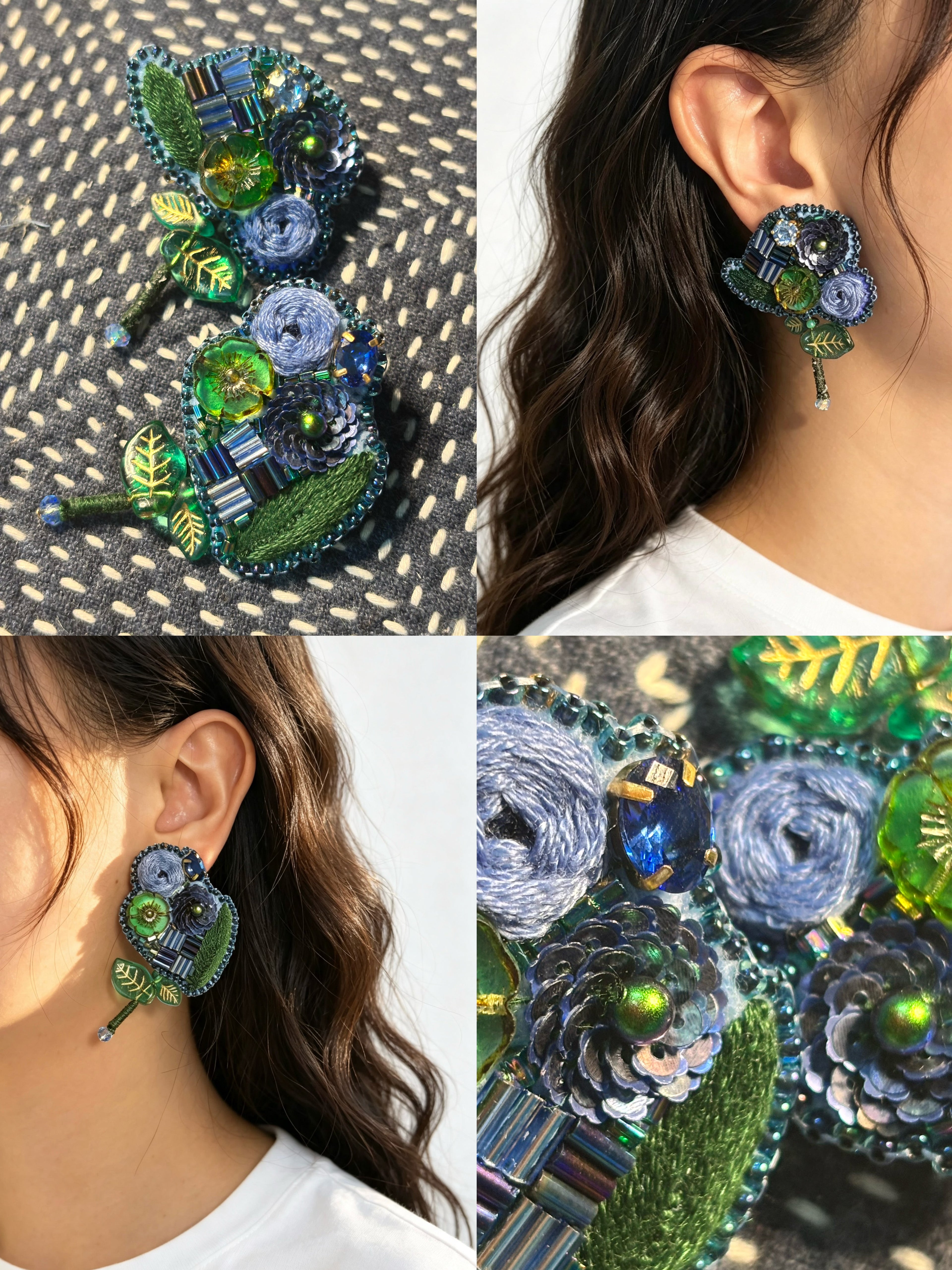「Floater twig」Hand-Embroidered Flower Earrings: Bead Embroidery Floral Stud Earrings