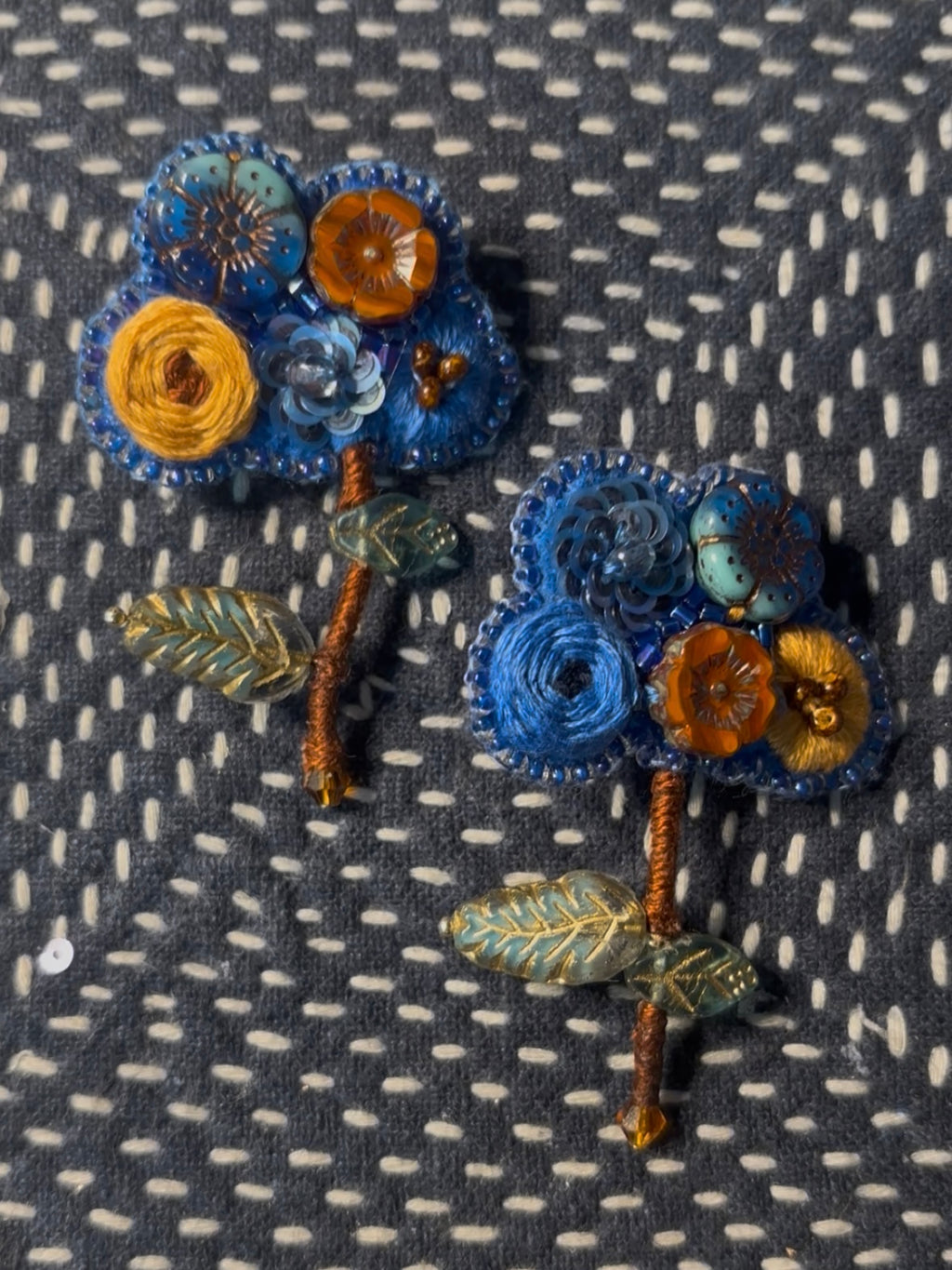 「Floater twig」Hand-Embroidered Flower Earrings: Bead Embroidery Floral Stud Earrings