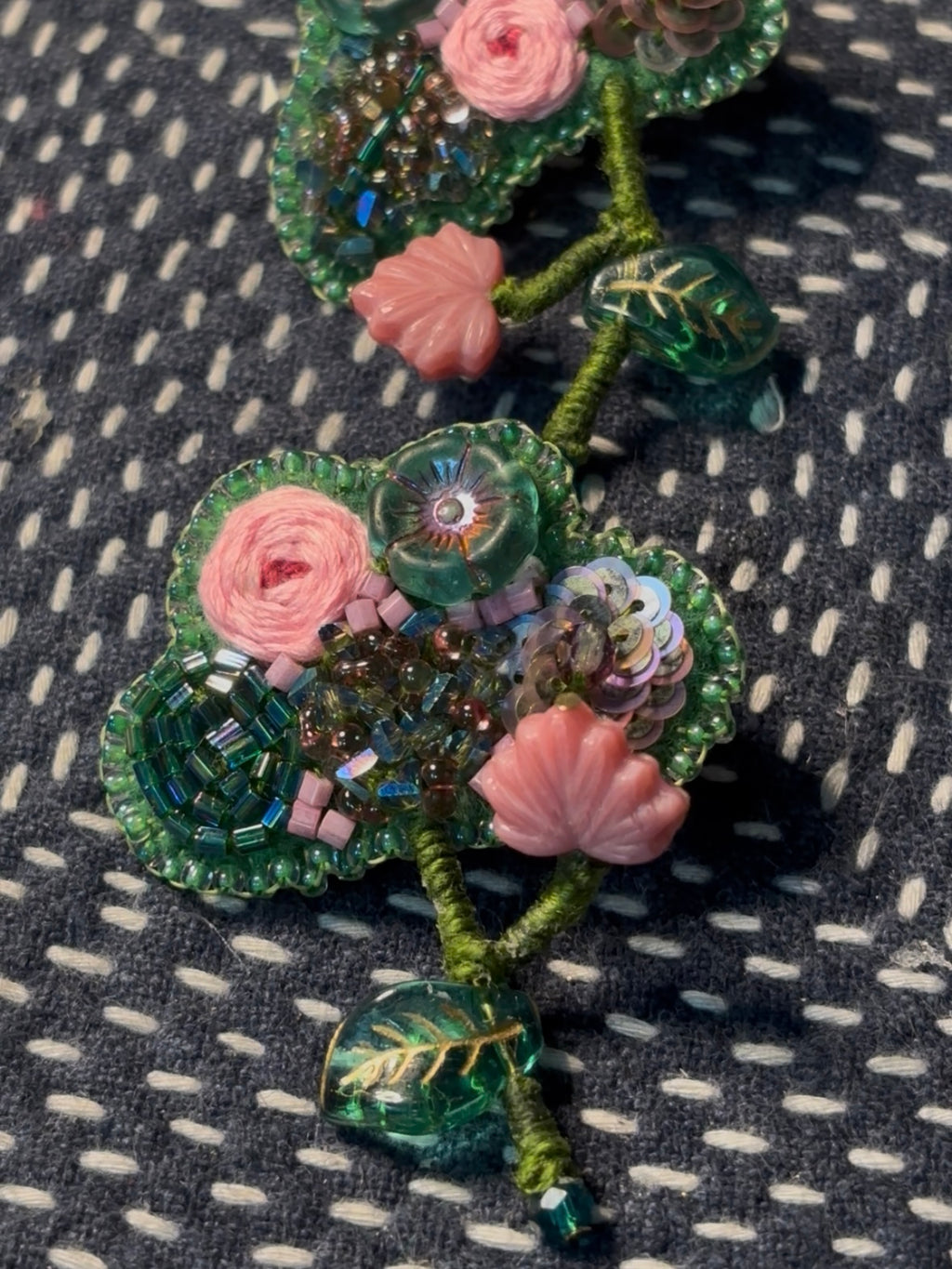 「Floater twig」Hand-Embroidered Flower Earrings: Bead Embroidery Floral Stud Earrings