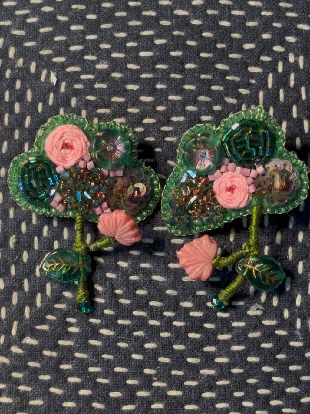 「Floater twig」Hand-Embroidered Flower Earrings: Bead Embroidery Floral Stud Earrings