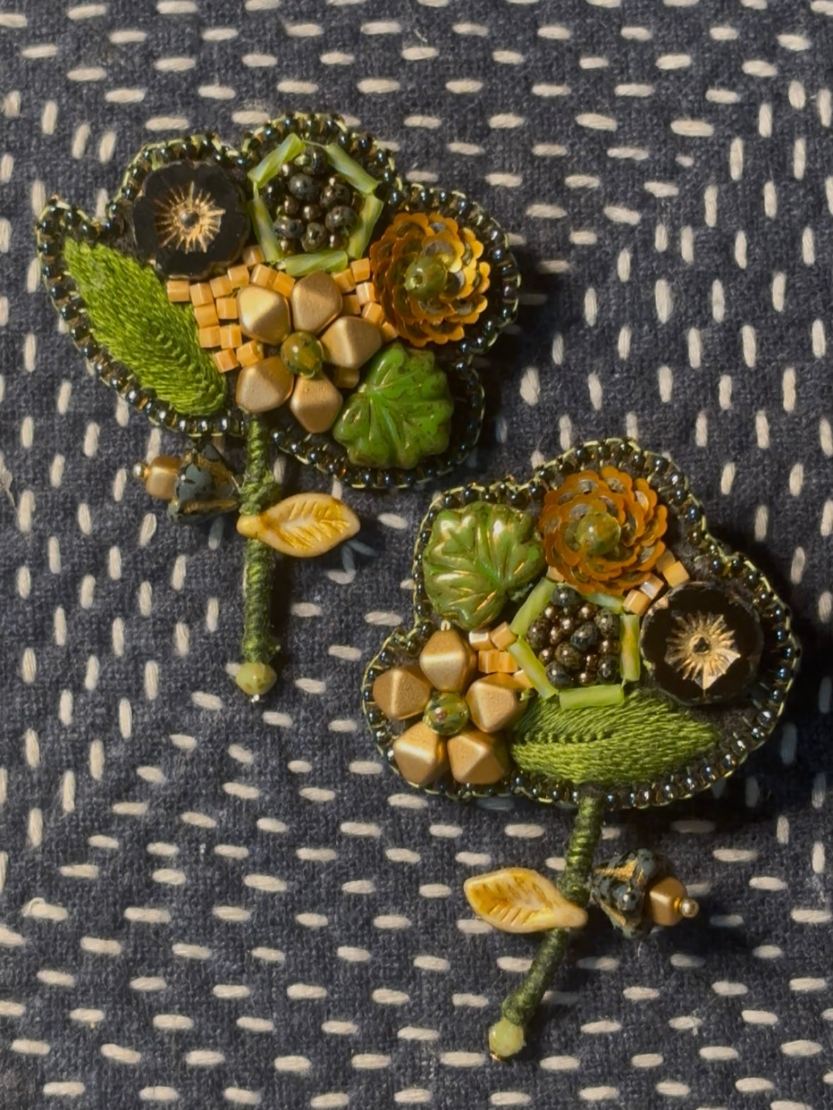 「Floater twig」Hand-Embroidered Flower Earrings: Bead Embroidery Floral Stud Earrings