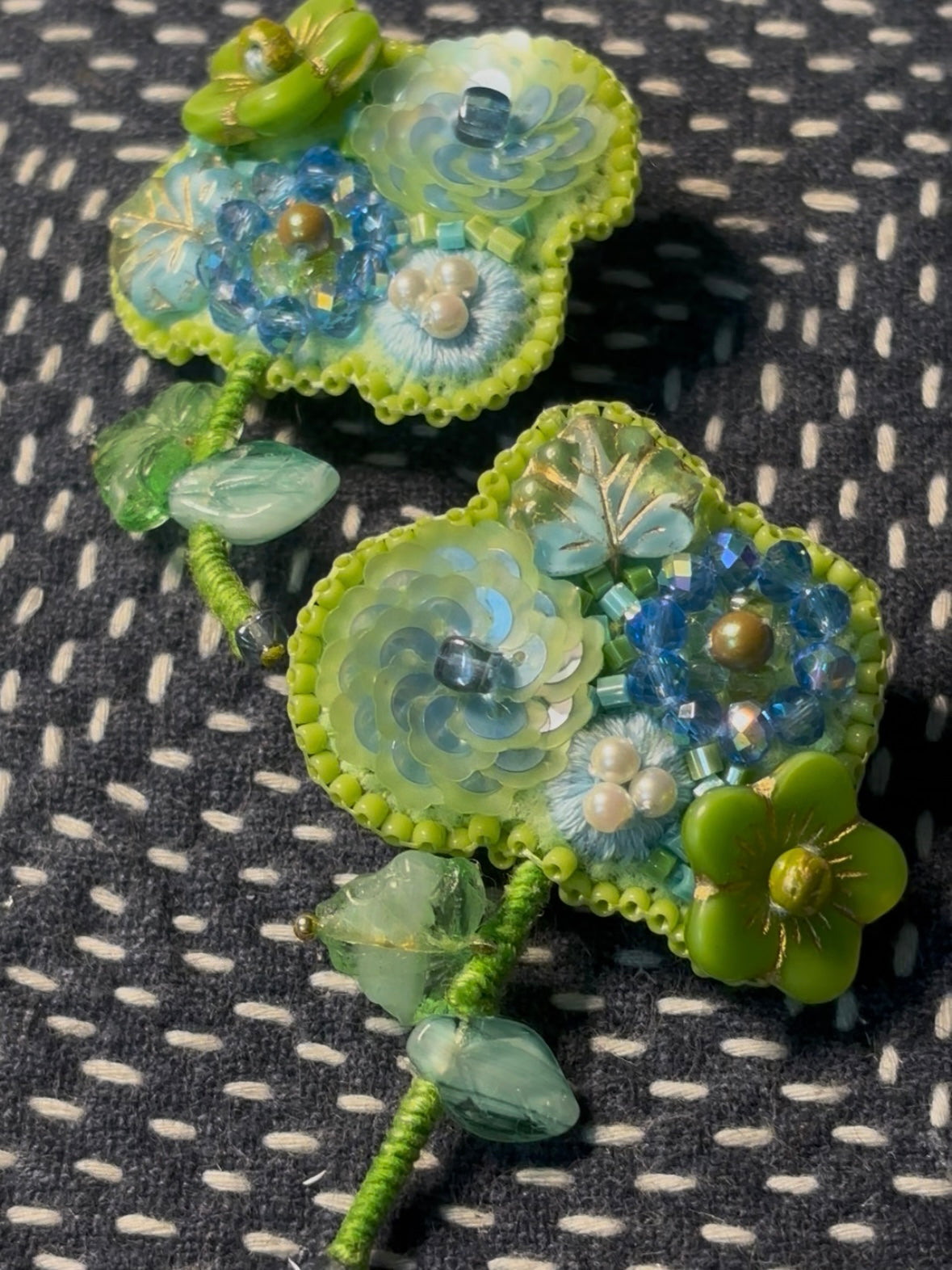 「Floater twig」Hand-Embroidered Flower Earrings: Bead Embroidery Floral Stud Earrings