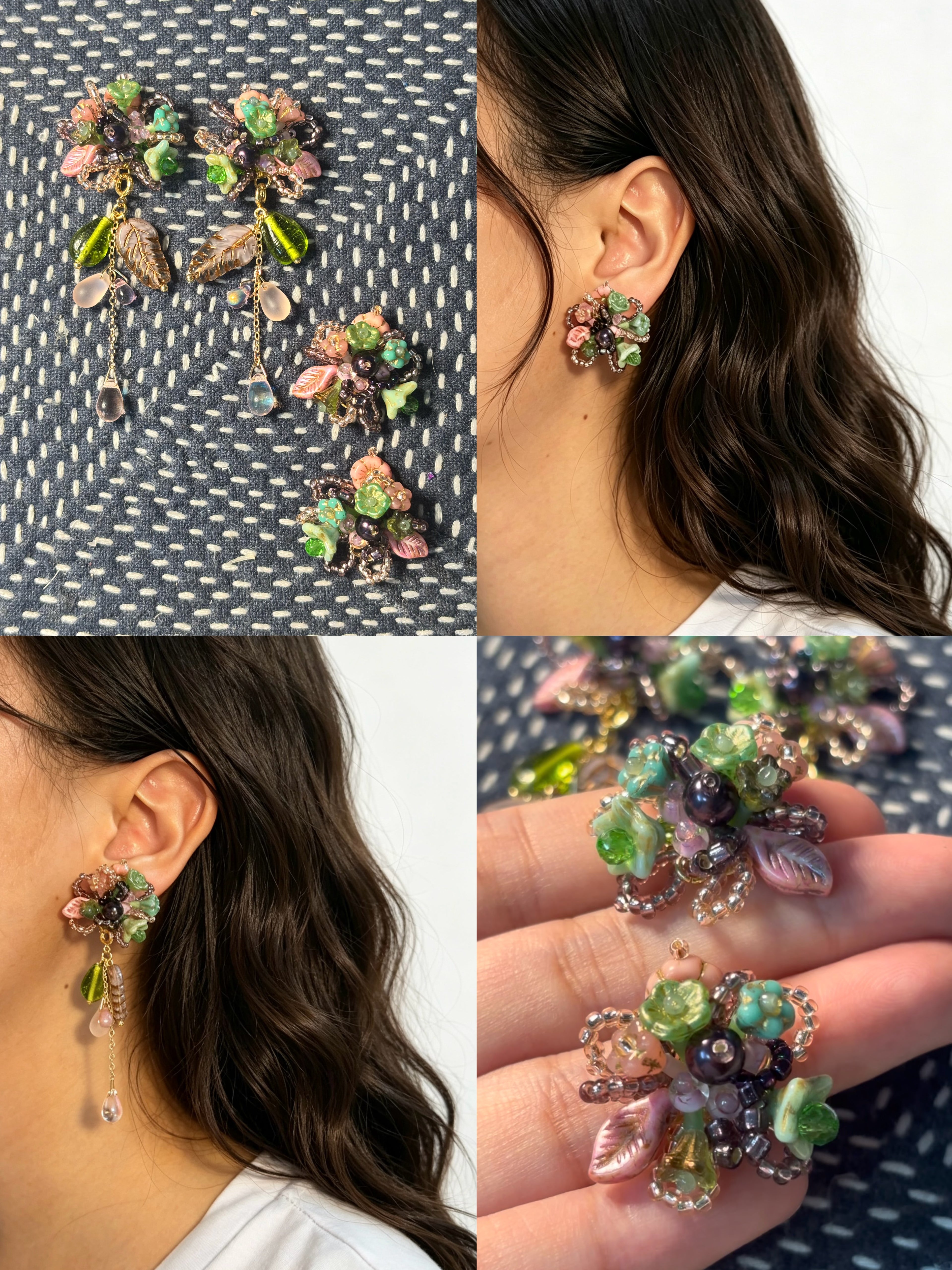 「Floral Cluster x Morning Dew」Handmade Beaded Flower Earrings Floral Stud Earrings