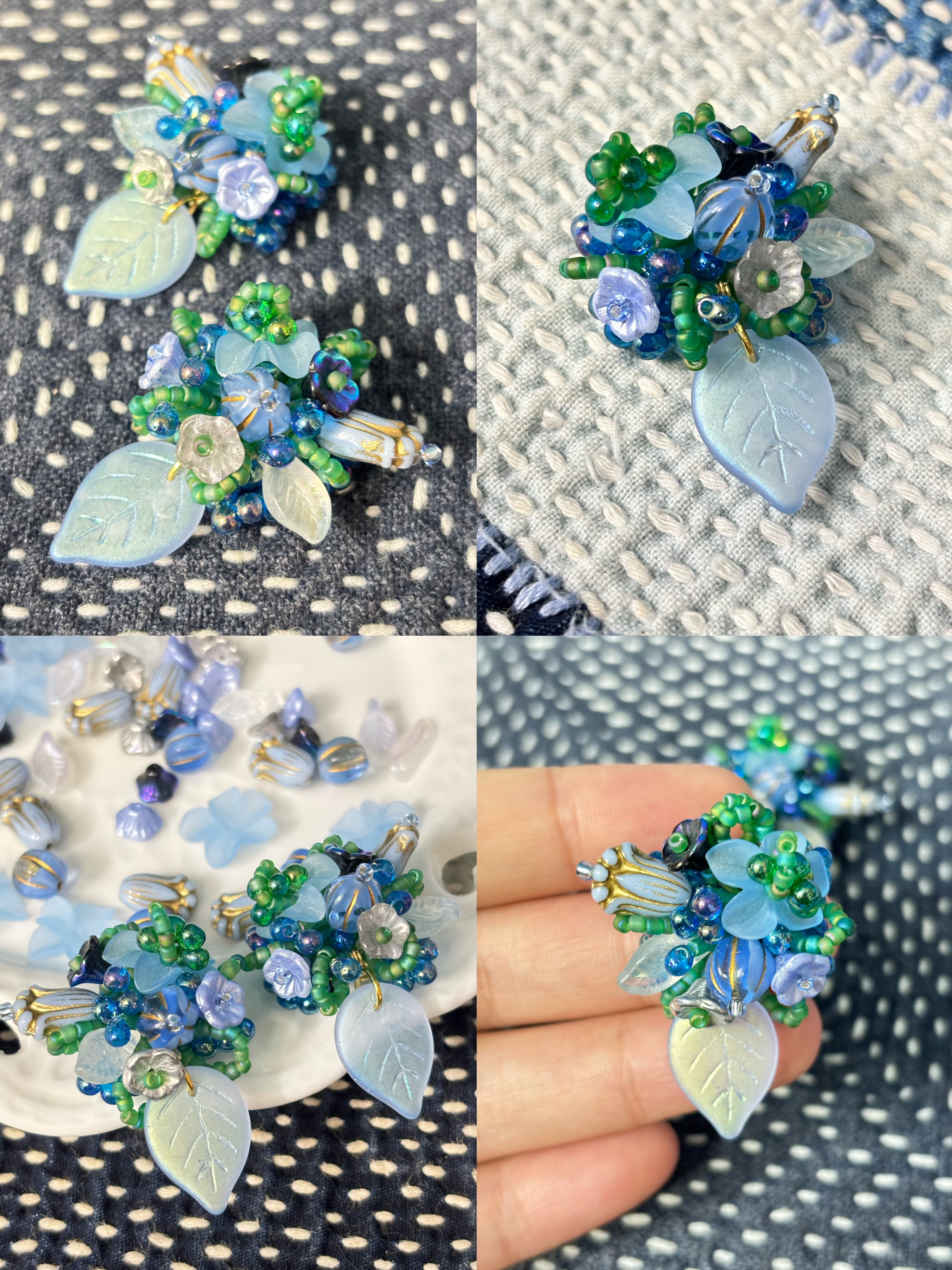 「Floral Cluster · In a leaf」Handmade Beaded Earrings