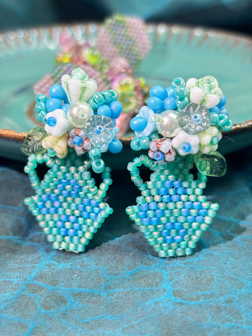 「Flat Vase」Flower Arrangement Statement Earrings: Handmade Beaded Floral Earrings