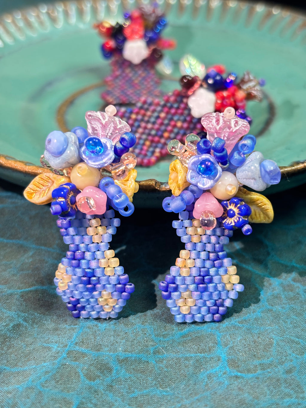 「Flat Vase」Handmade Czech Glass Beaded Ear Studs: Floral Arrangement Earrings