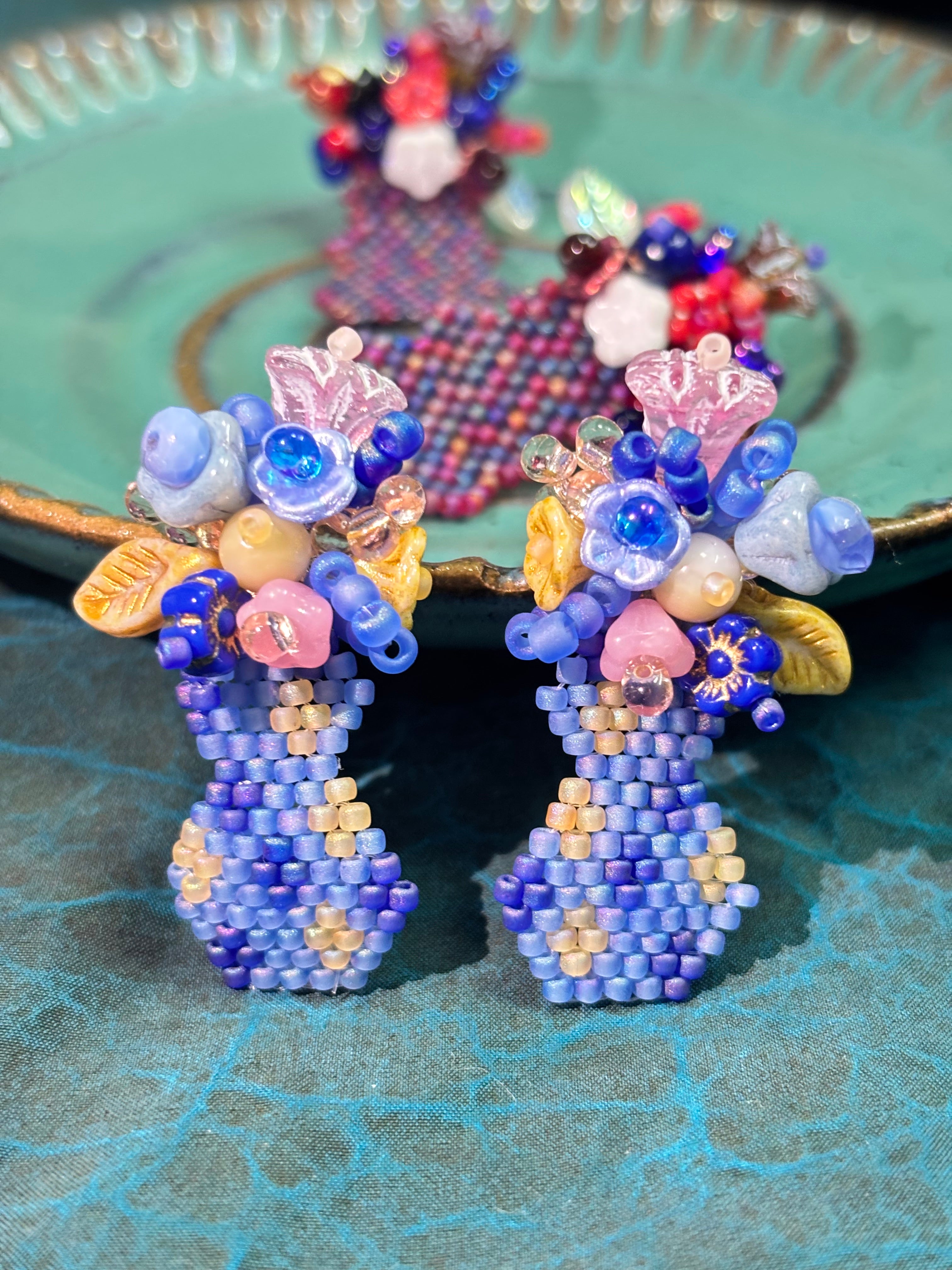「Flat Vase」Handmade Czech Glass Beaded Ear Studs: Floral Arrangement Earrings