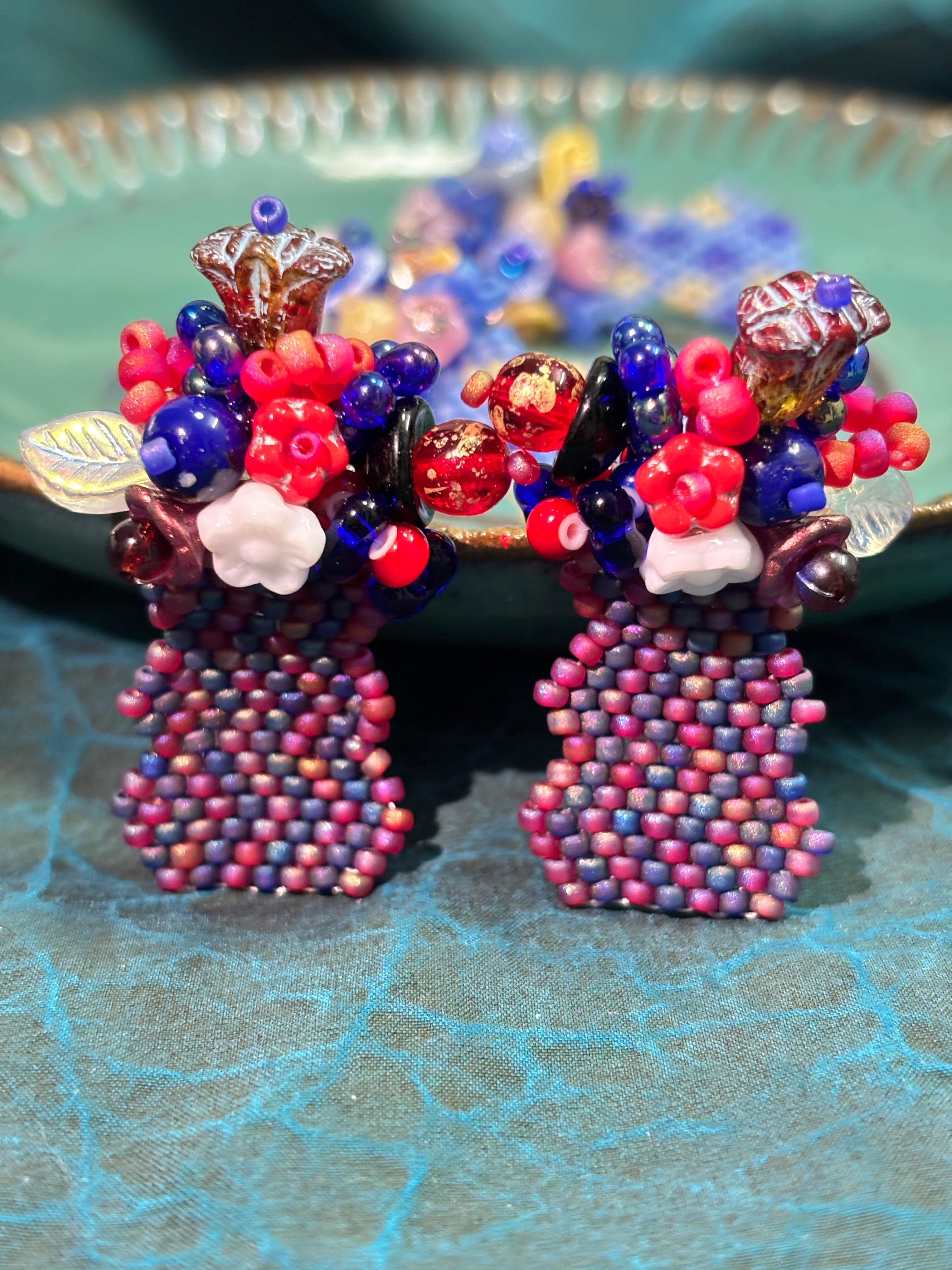 「Flat Vase」Handmade Beaded Floral Stud Earrings,Beaded Earrings for Vacations,Romantic Summer Looks