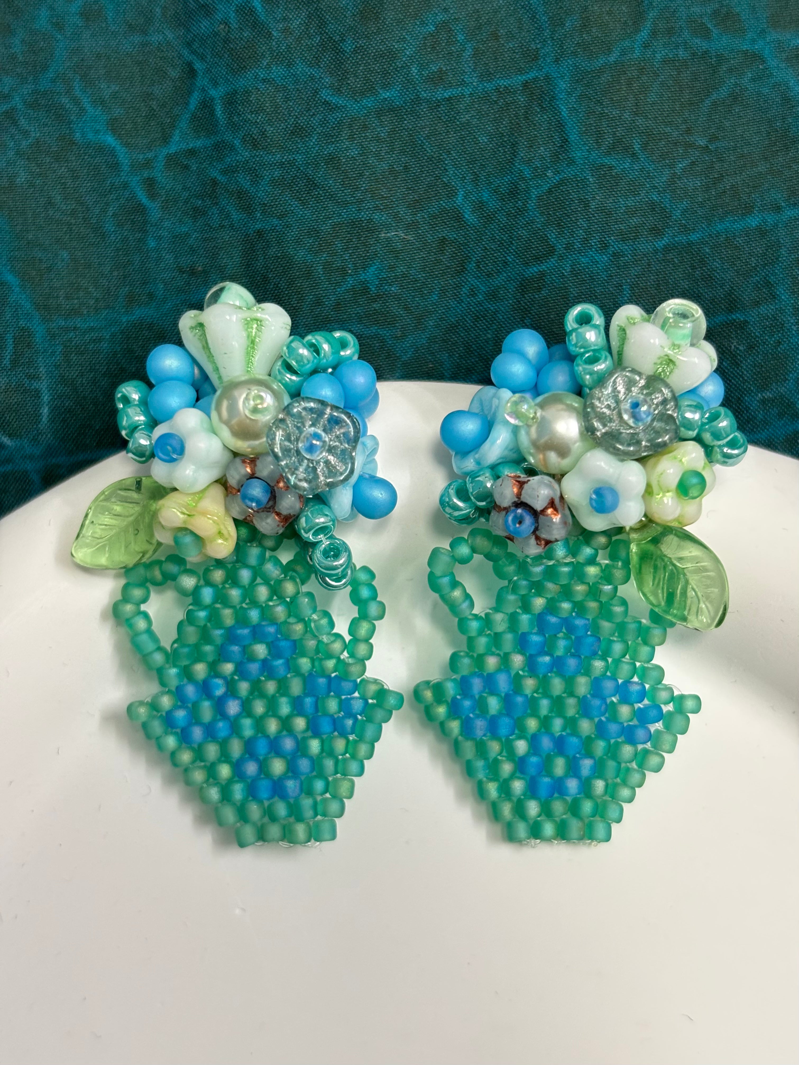 「Flat Vase」Flower Arrangement Statement Earrings: Handmade Beaded Floral Earrings