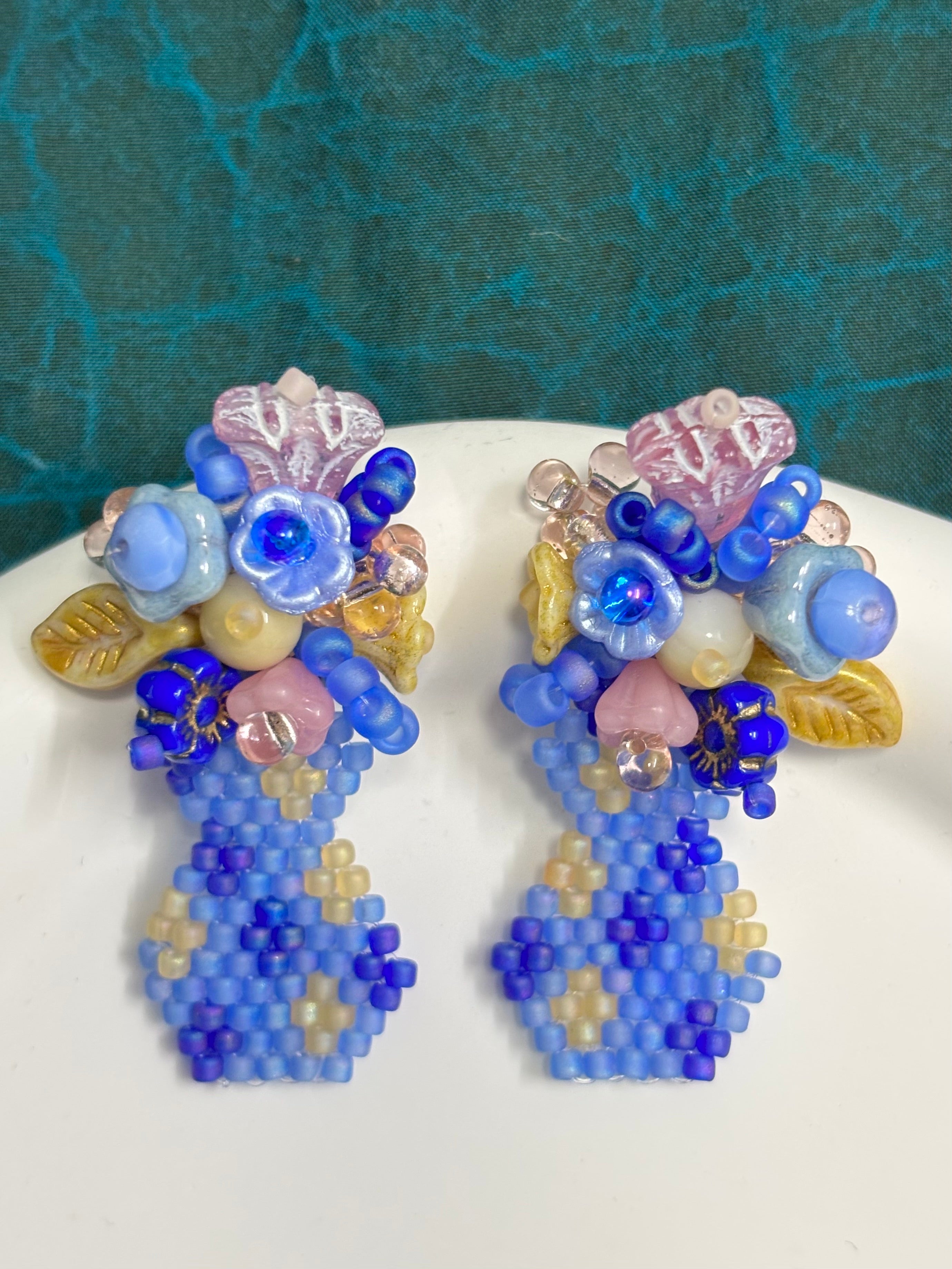 「Flat Vase」Handmade Czech Glass Beaded Ear Studs: Floral Arrangement Earrings