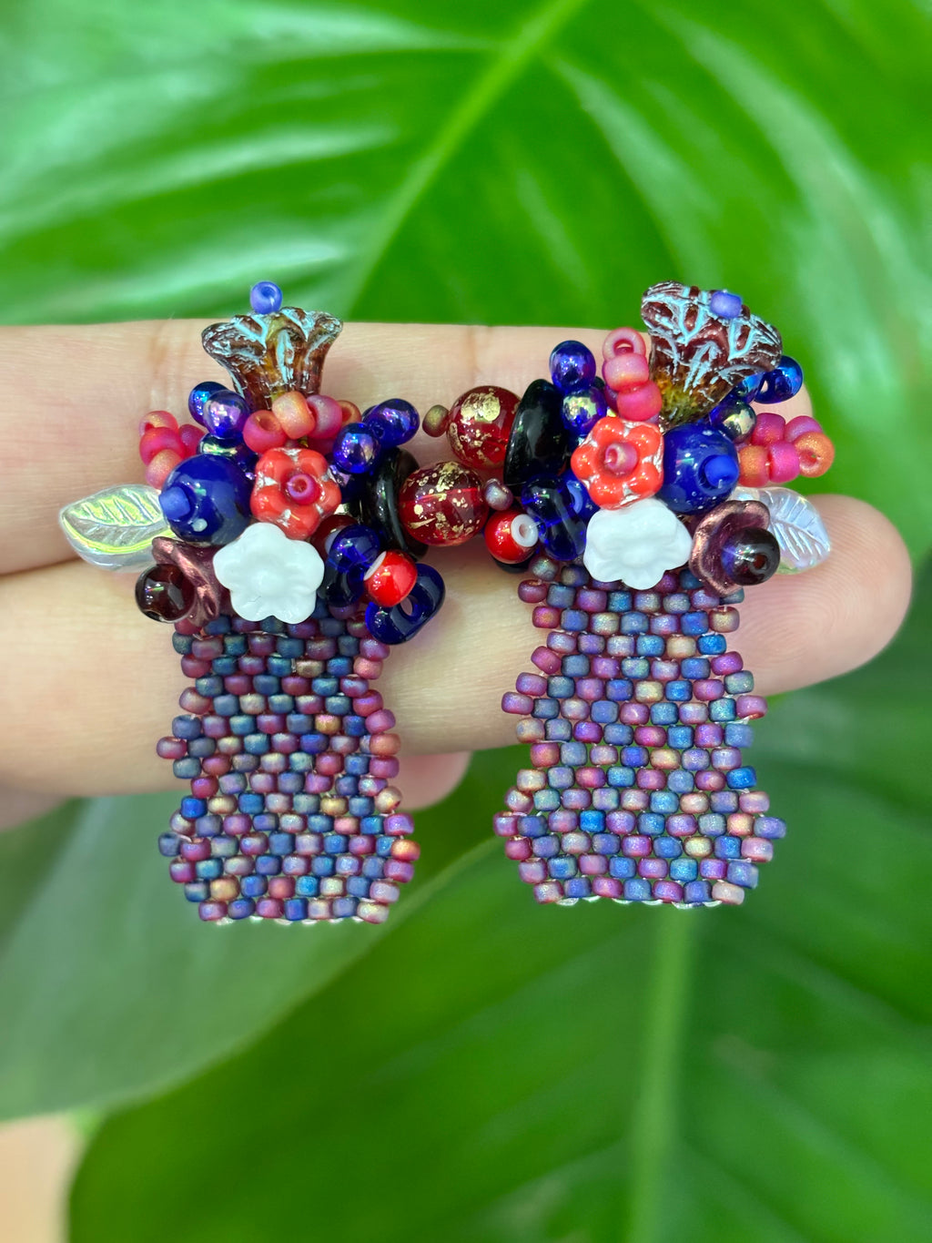 「Flat Vase」Handmade Beaded Floral Stud Earrings,Beaded Earrings for Vacations,Romantic Summer Looks