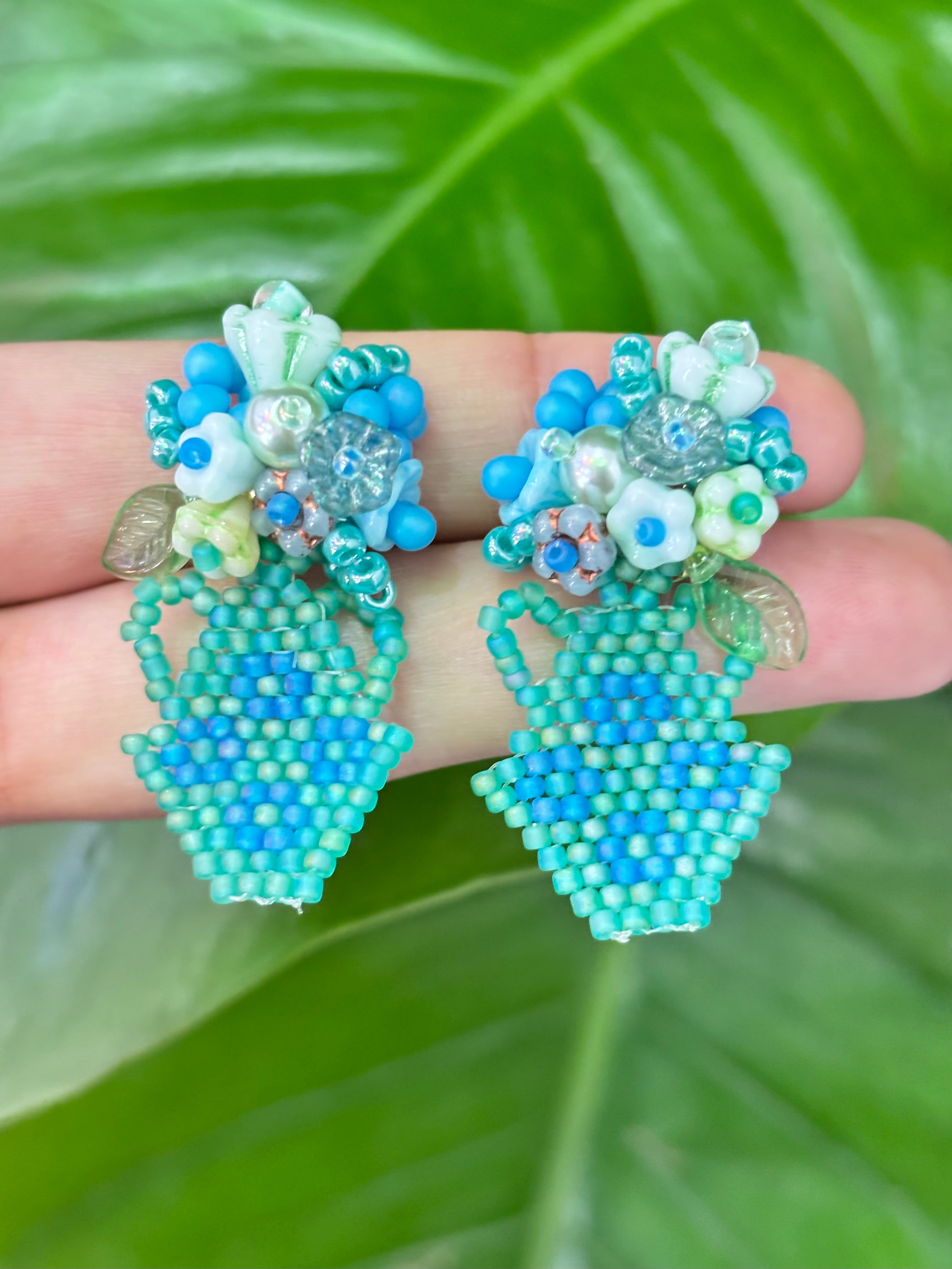 「Flat Vase」Flower Arrangement Statement Earrings: Handmade Beaded Floral Earrings