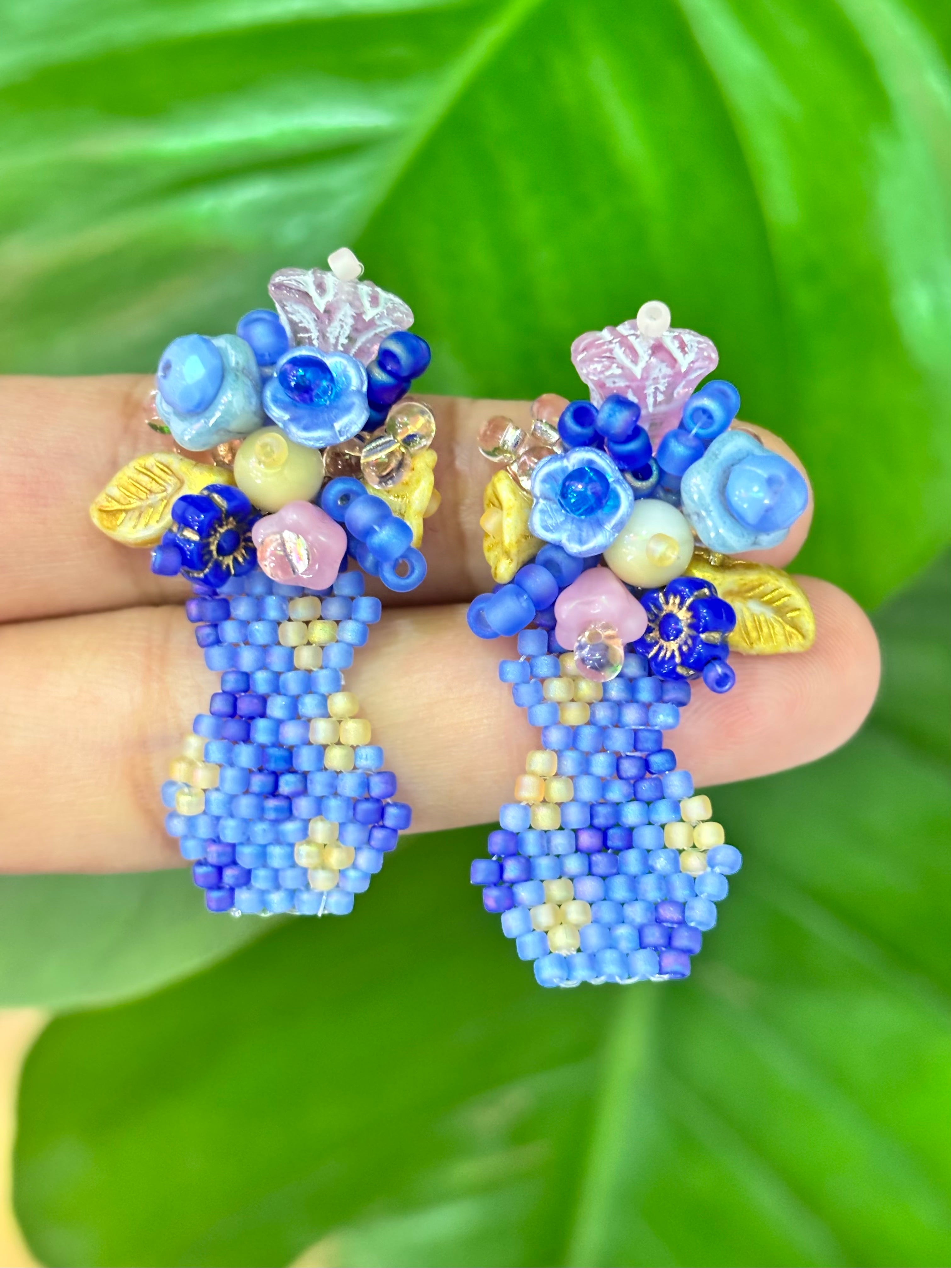 「Flat Vase」Handmade Czech Glass Beaded Ear Studs: Floral Arrangement Earrings