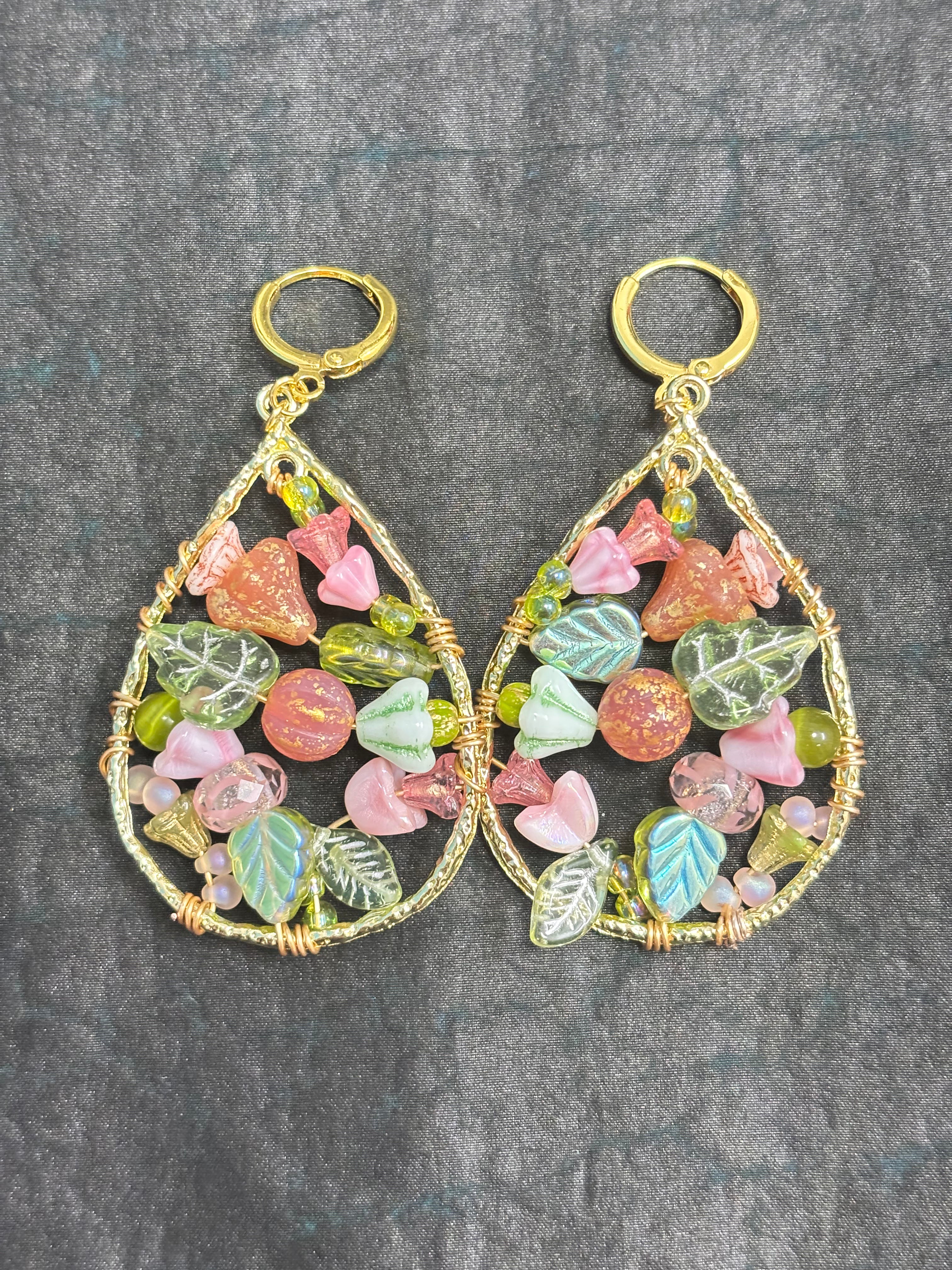 「Dreamcatcher Garden」Floral Dangle Earrings: Handmade Czech Glass Cottagecore Earrings