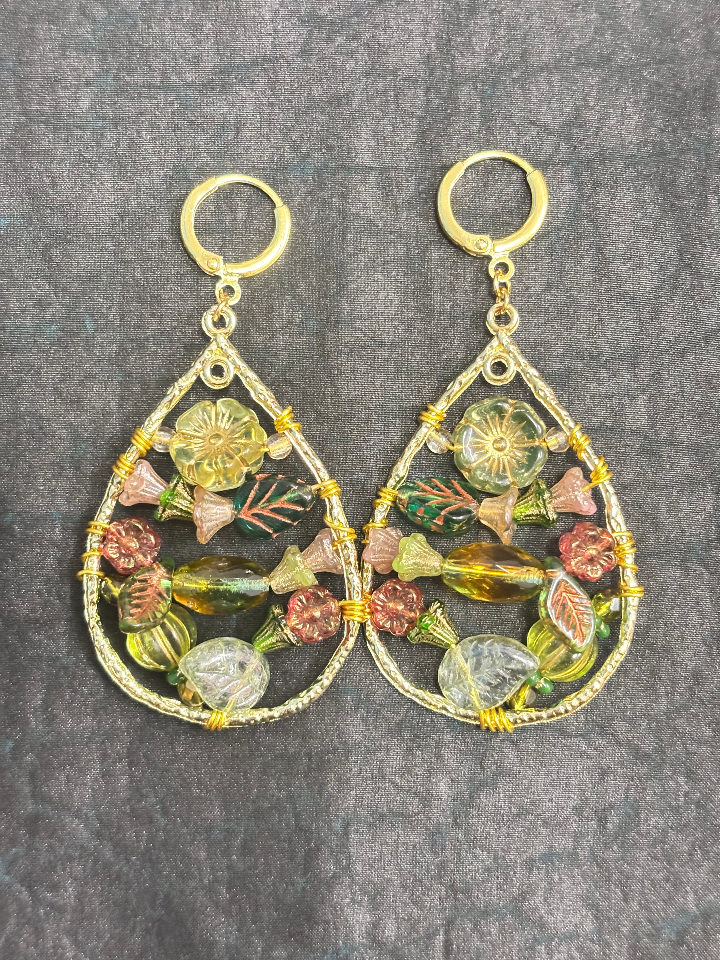 「Dreamcatcher Garden」Floral Dangle Earrings: Handmade Czech Glass Cottagecore Earrings