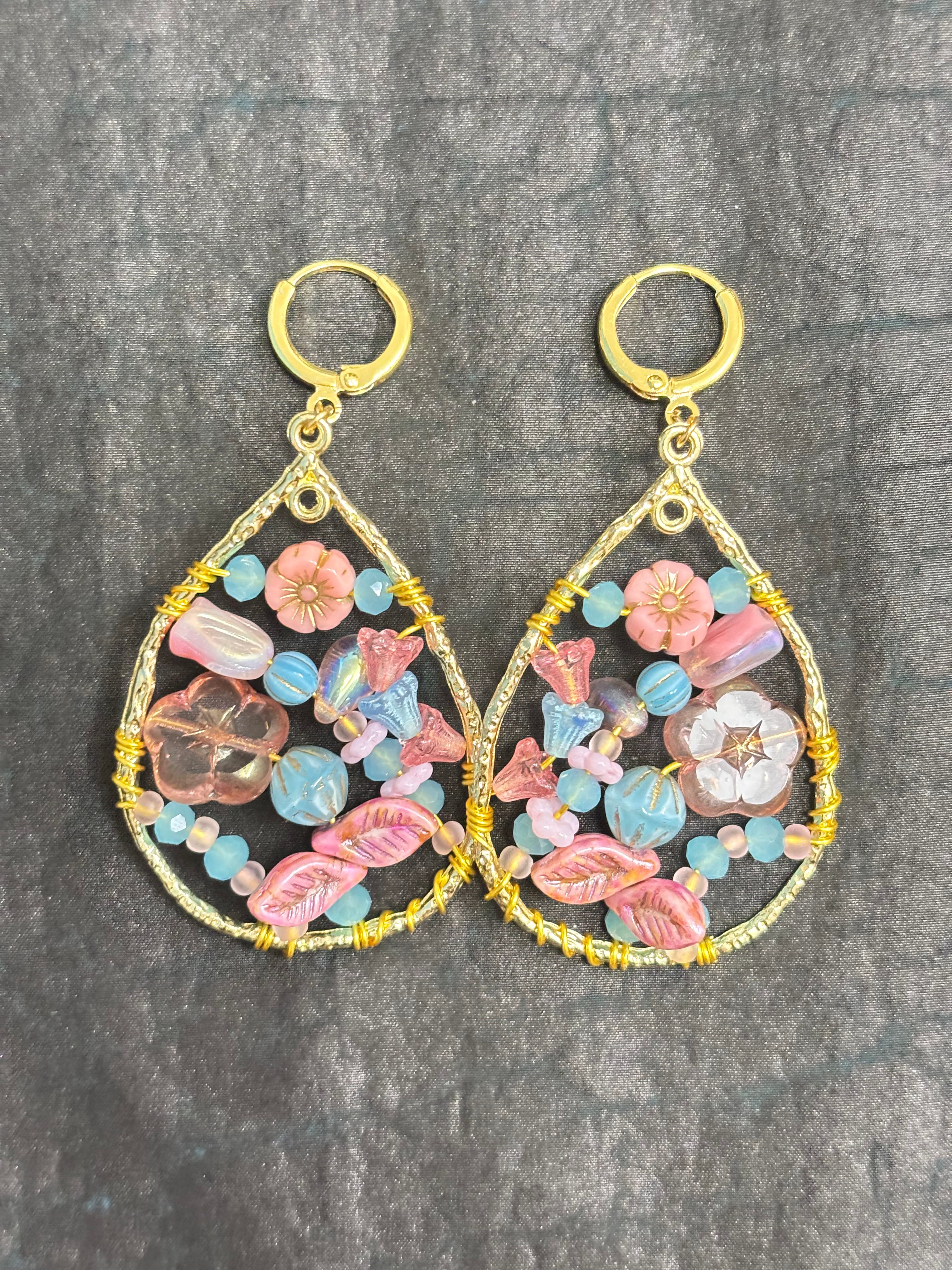 「Dreamcatcher Garden」Floral Dangle Earrings: Handmade Czech Glass Cottagecore Earrings