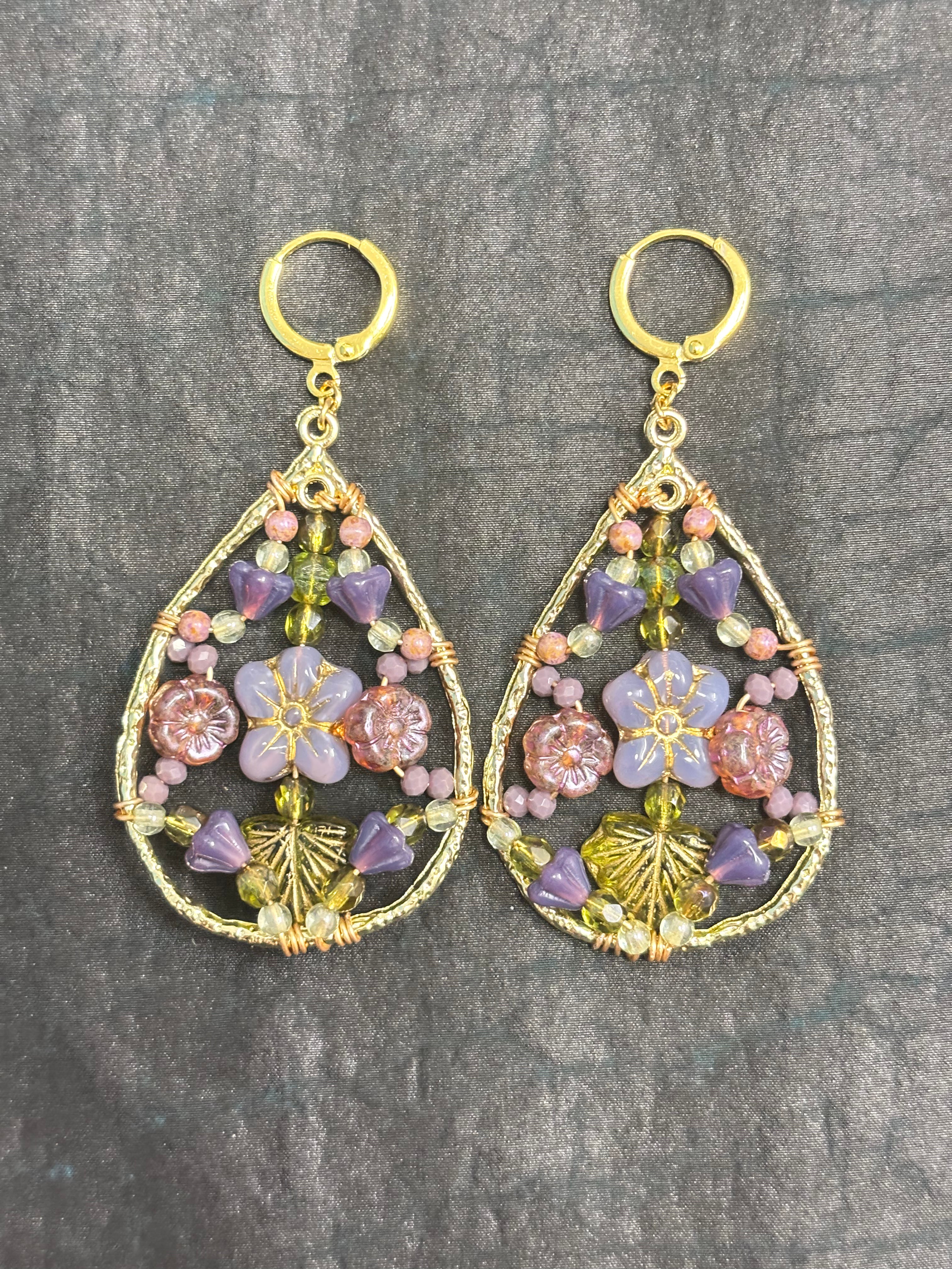 「Dreamcatcher Garden」Floral Dangle Earrings: Handmade Czech Glass Cottagecore Earrings