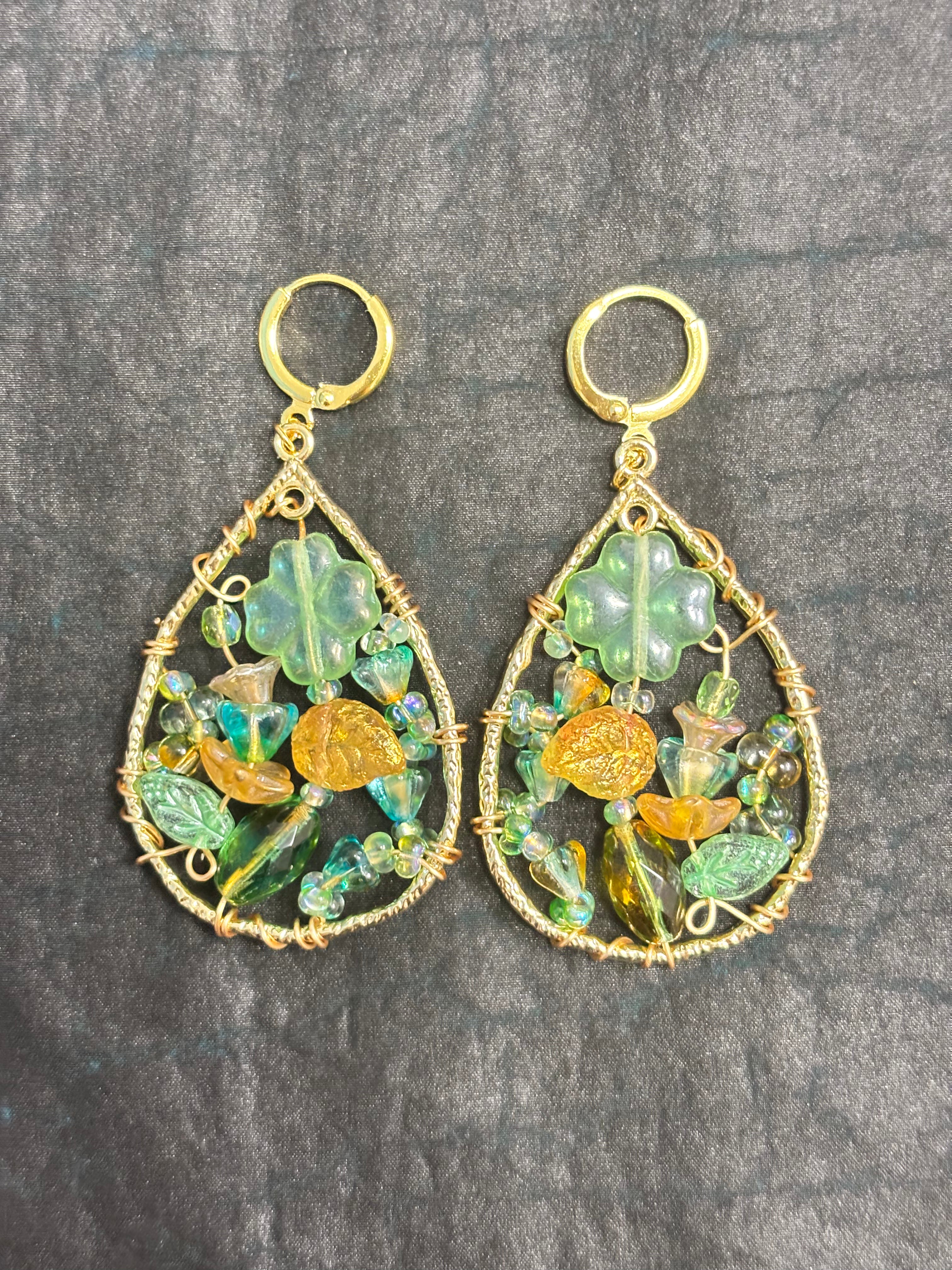 「Dreamcatcher Garden」Floral Dangle Earrings: Handmade Czech Glass Cottagecore Earrings