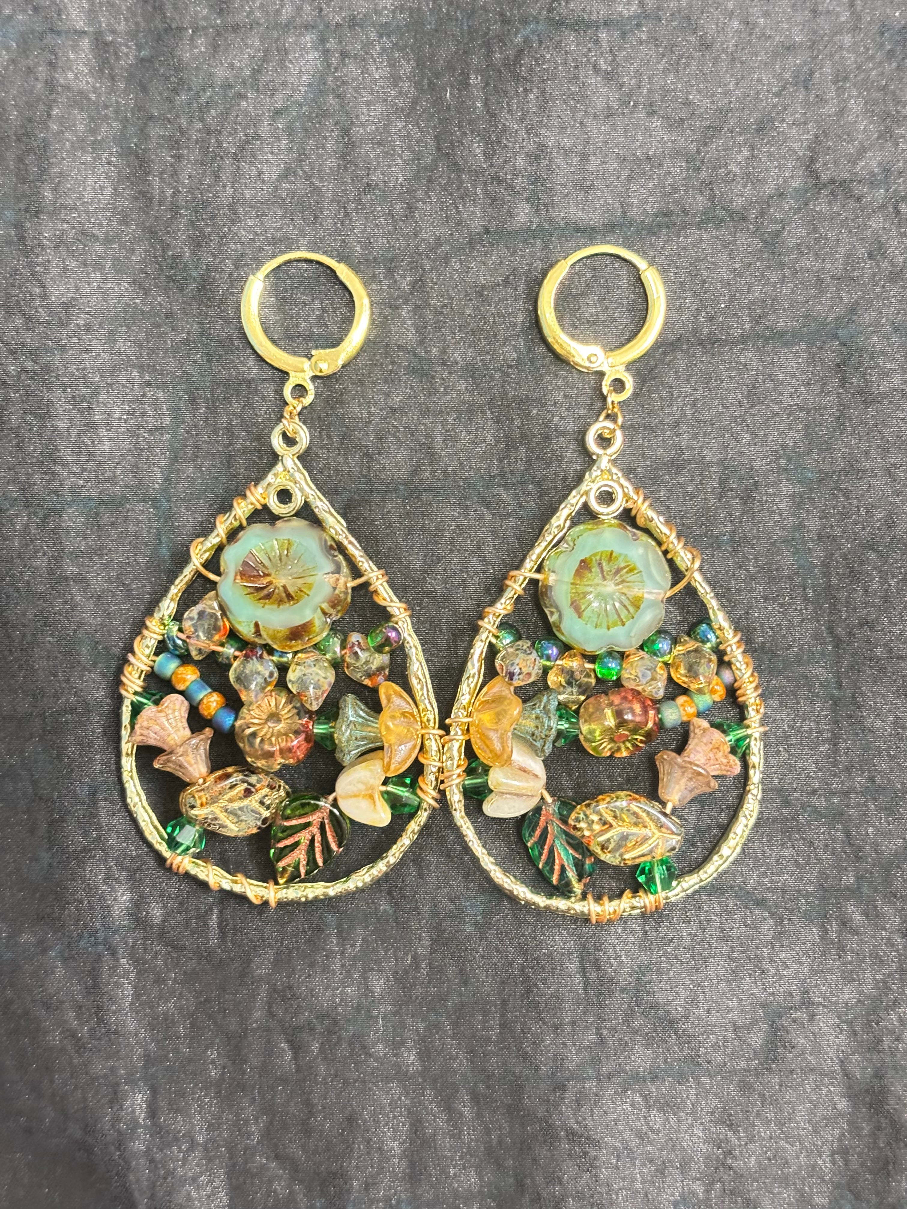 「Dreamcatcher Garden」Floral Dangle Earrings: Handmade Czech Glass Cottagecore Earrings