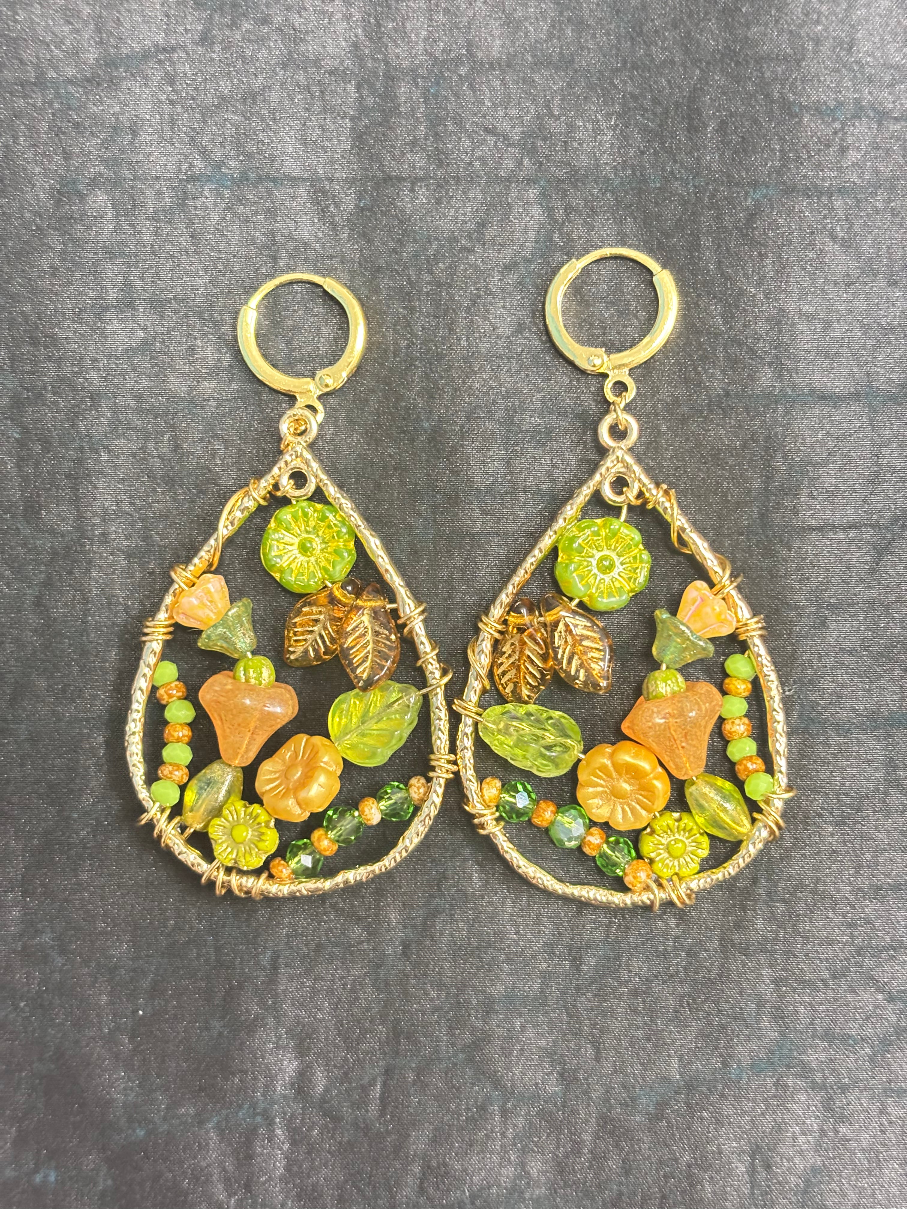 「Dreamcatcher Garden」Floral Dangle Earrings: Handmade Czech Glass Cottagecore Earrings