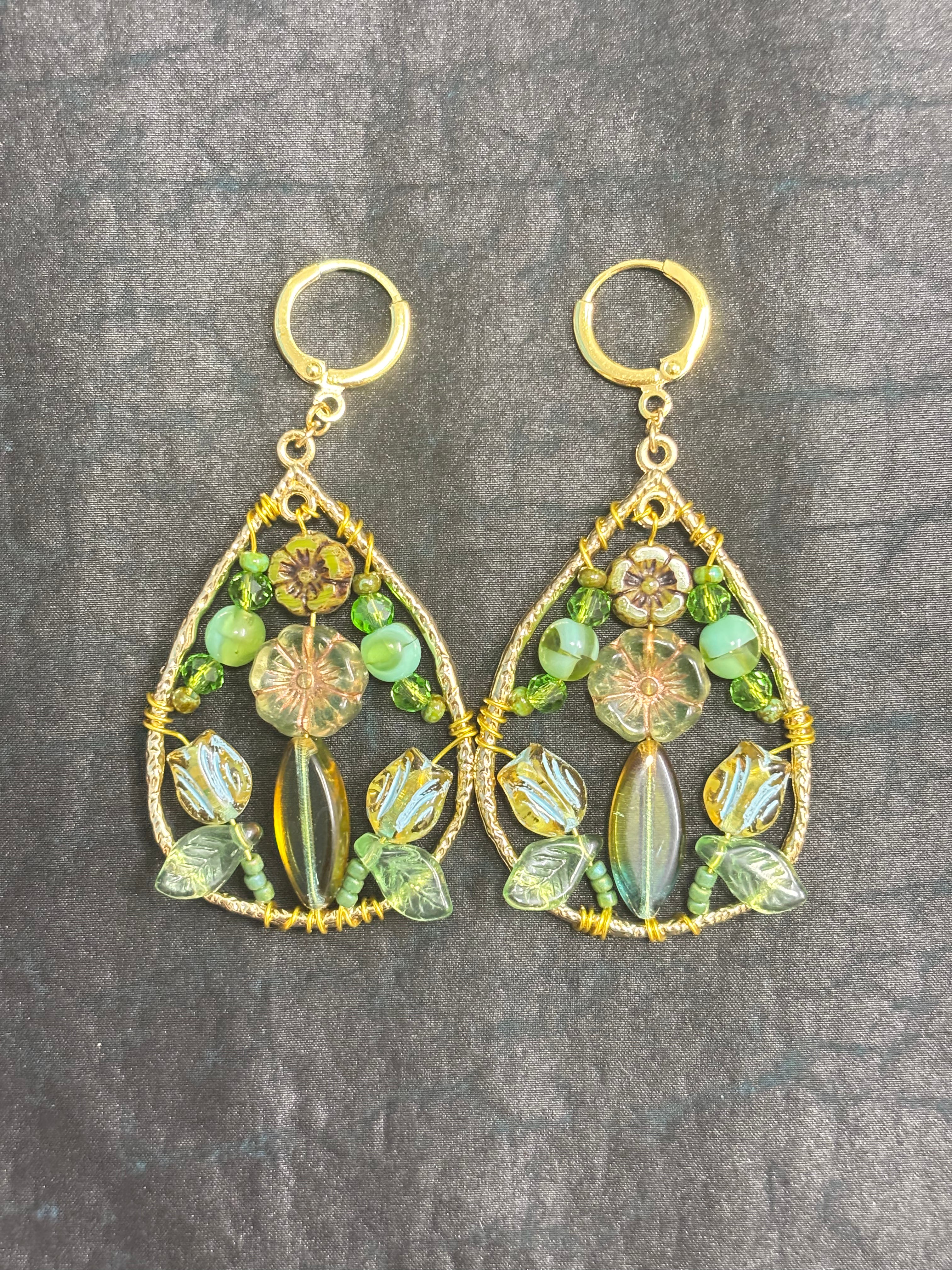 「Dreamcatcher Garden」Floral Dangle Earrings: Handmade Czech Glass Cottagecore Earrings