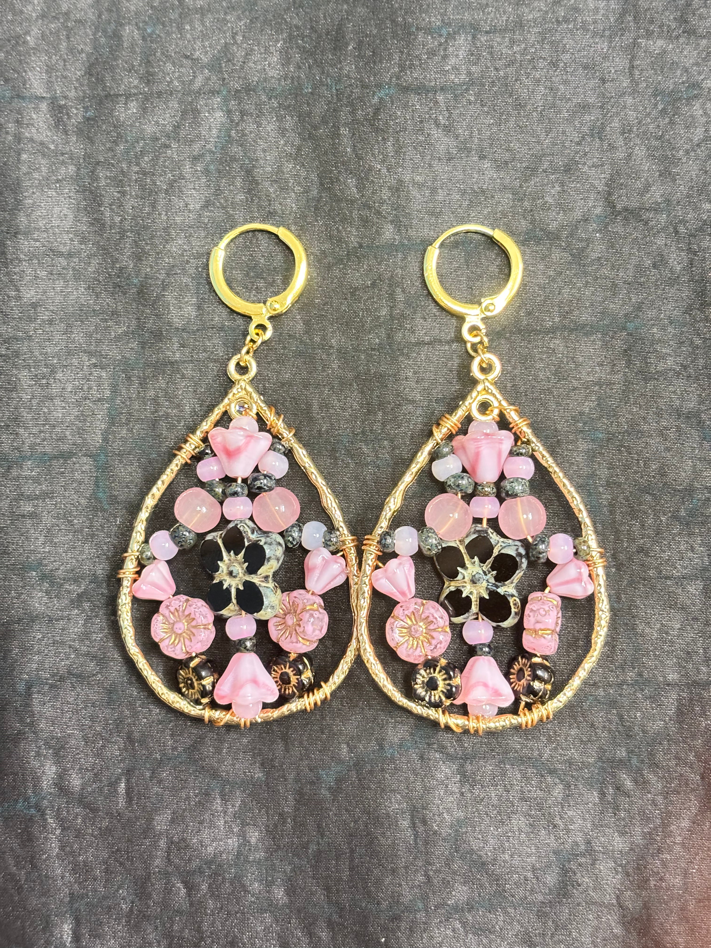 「Dreamcatcher Garden」Floral Dangle Earrings: Handmade Czech Glass Cottagecore Earrings