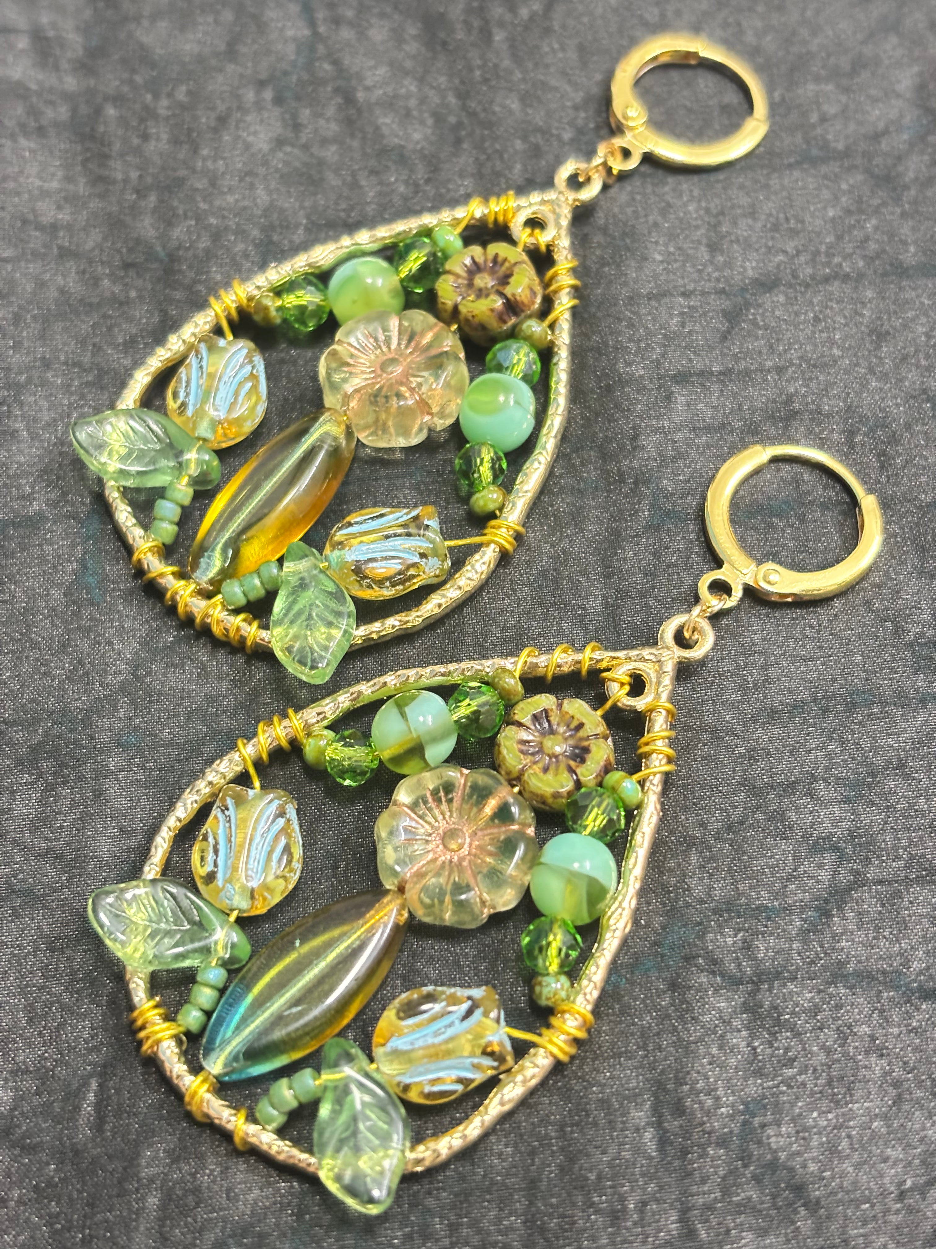 「Dreamcatcher Garden」Floral Dangle Earrings: Handmade Czech Glass Cottagecore Earrings