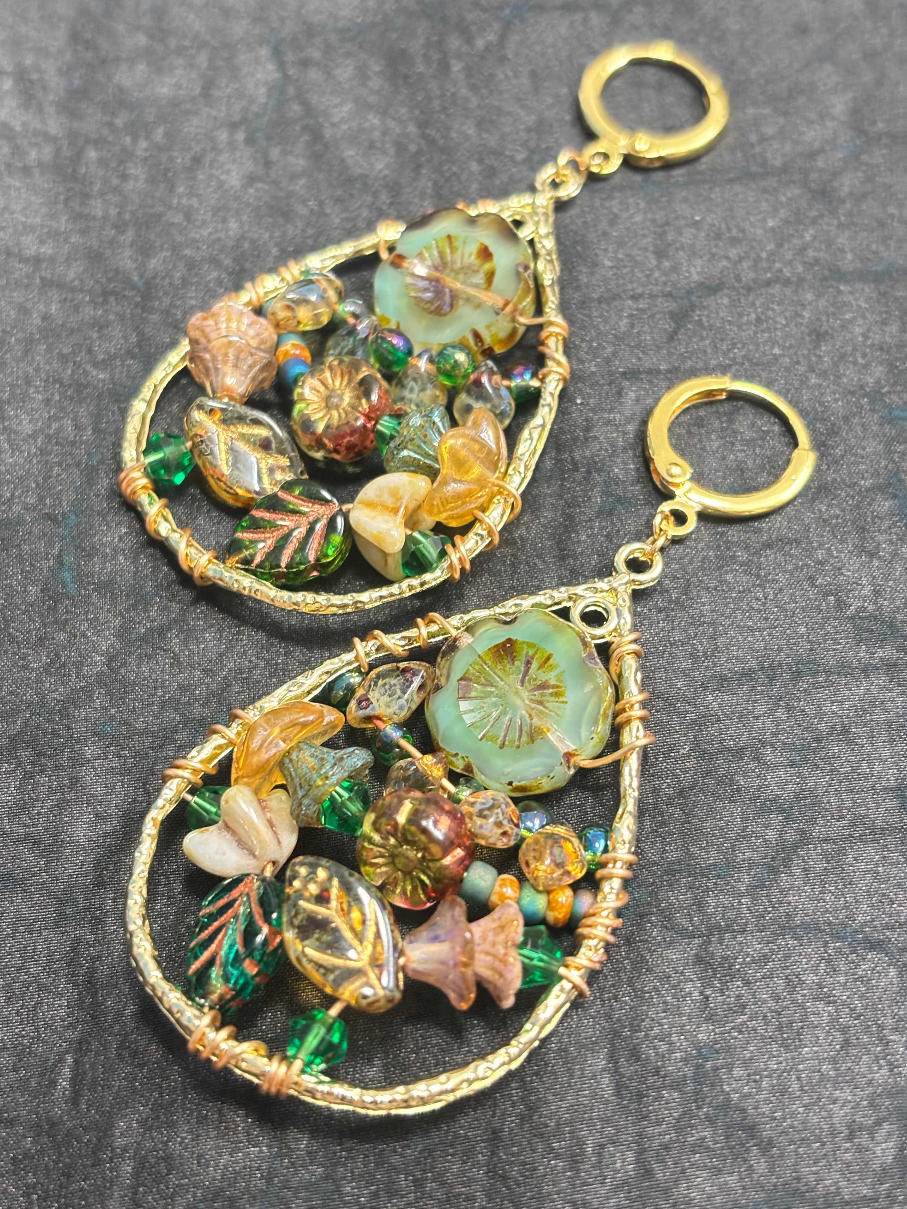 「Dreamcatcher Garden」Floral Dangle Earrings: Handmade Czech Glass Cottagecore Earrings