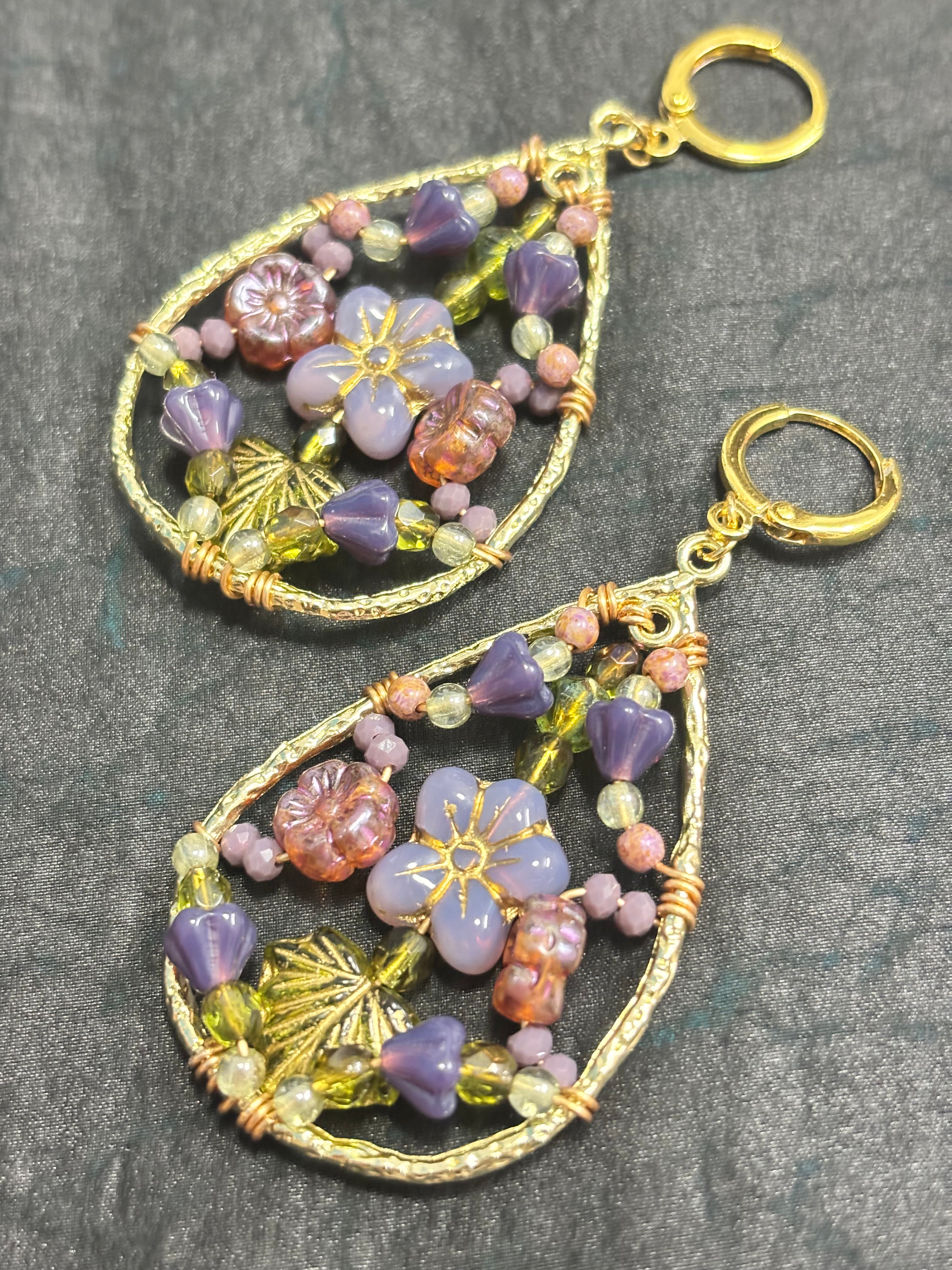 「Dreamcatcher Garden」Floral Dangle Earrings: Handmade Czech Glass Cottagecore Earrings