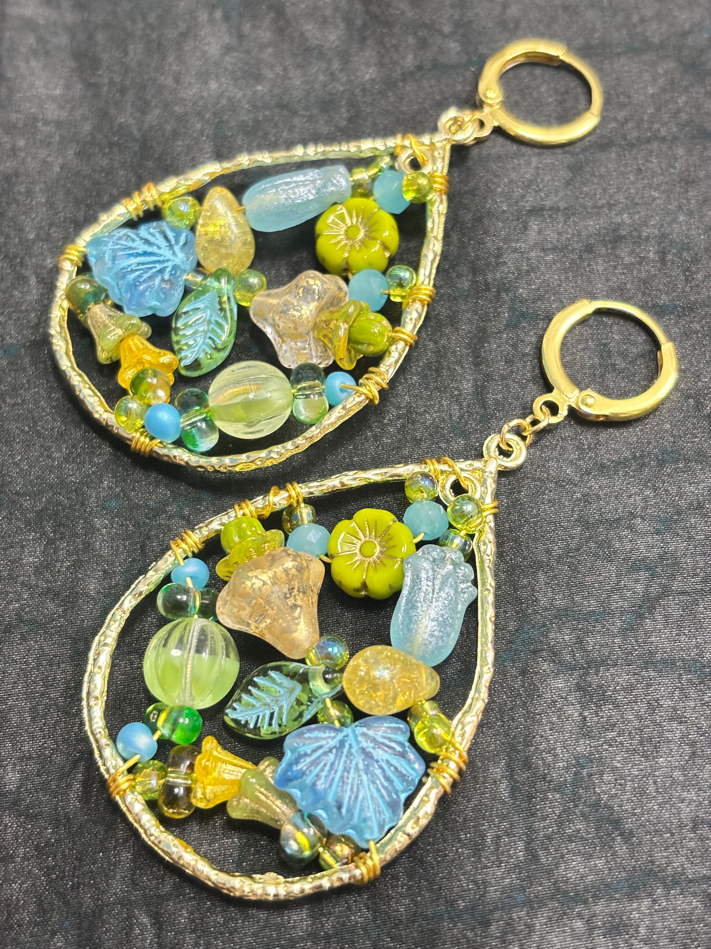 「Dreamcatcher Garden」Floral Dangle Earrings: Handmade Czech Glass Cottagecore Earrings