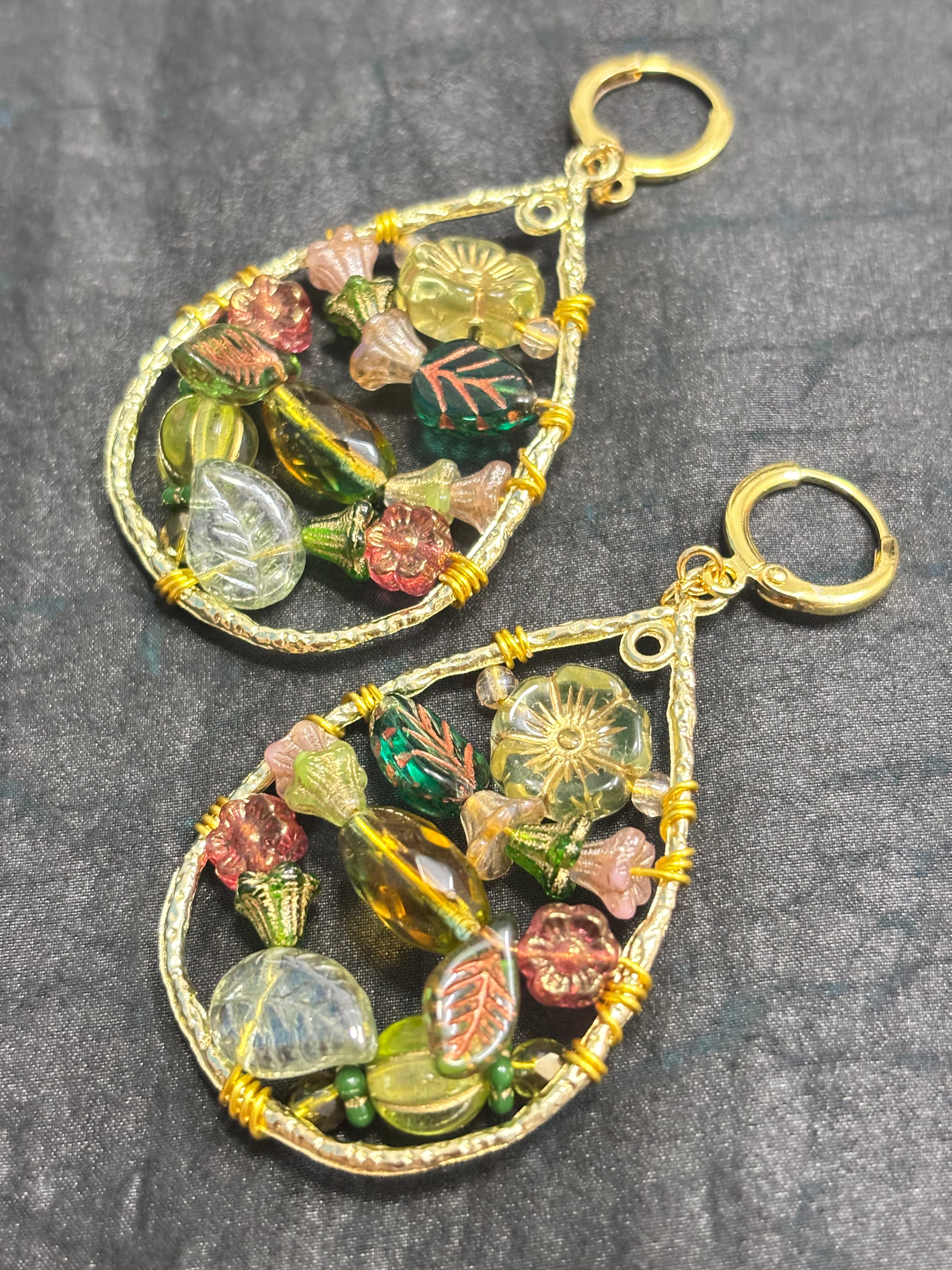 「Dreamcatcher Garden」Floral Dangle Earrings: Handmade Czech Glass Cottagecore Earrings