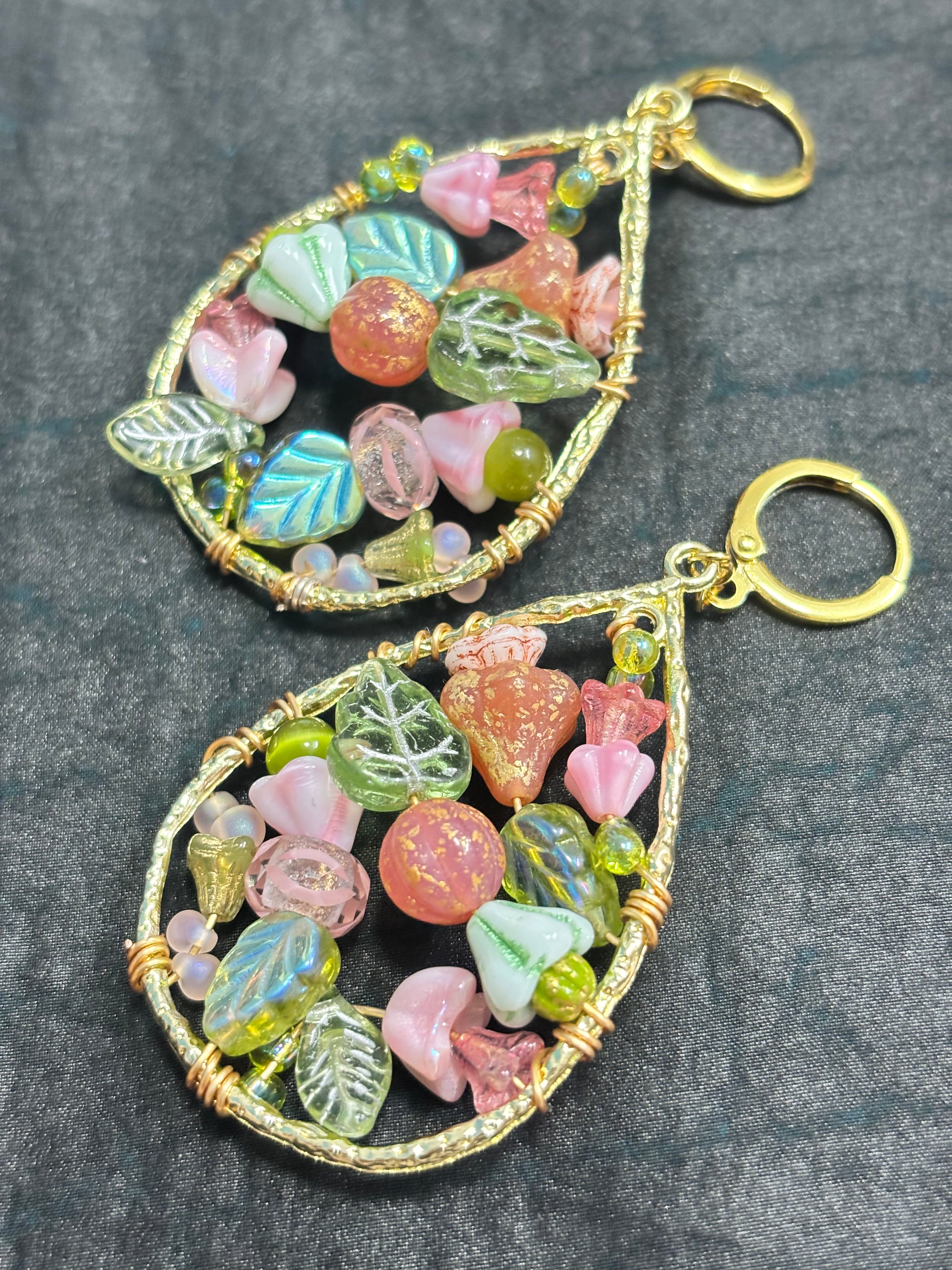 「Dreamcatcher Garden」Floral Dangle Earrings: Handmade Czech Glass Cottagecore Earrings