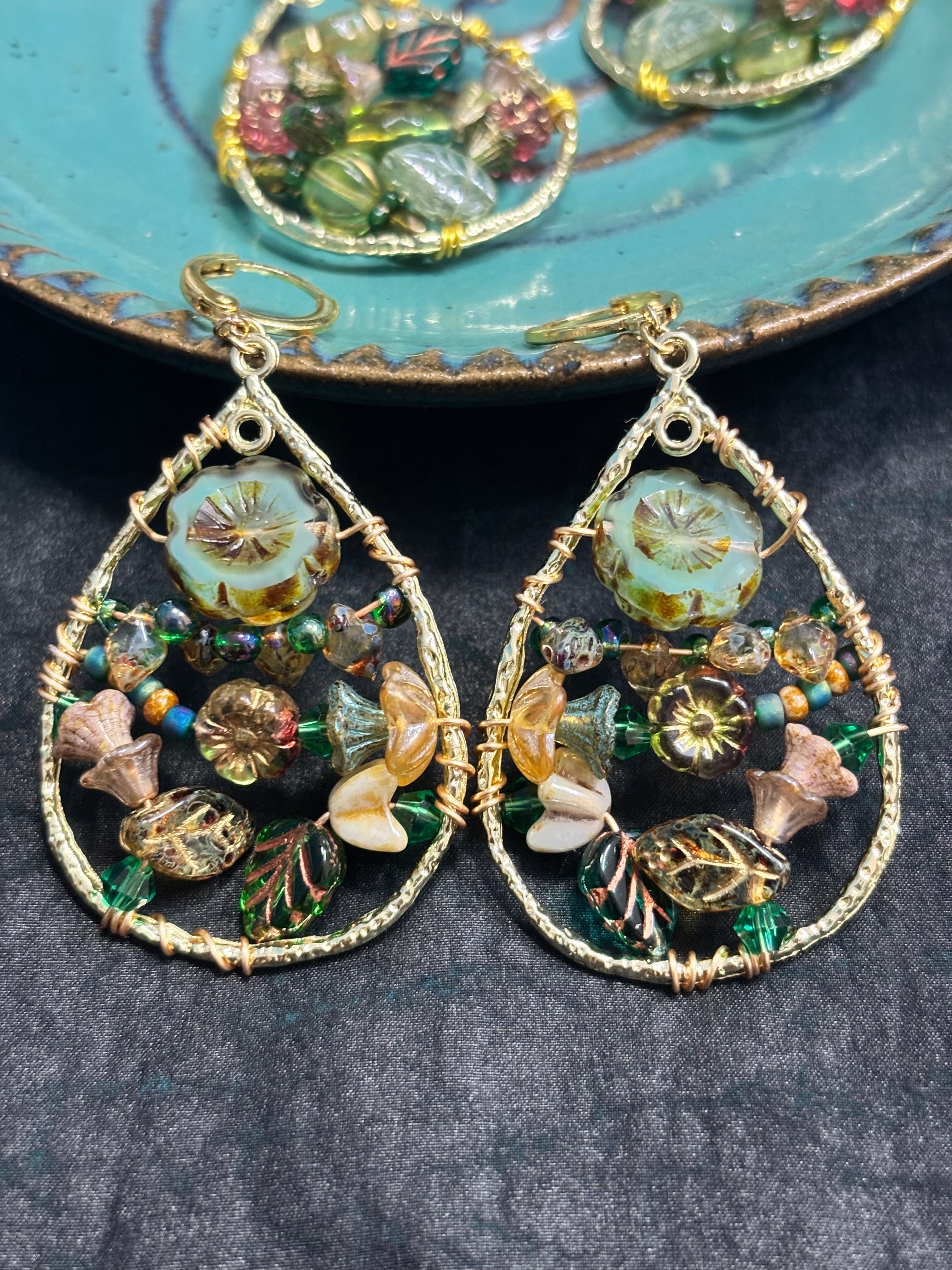 「Dreamcatcher Garden」Floral Dangle Earrings: Handmade Czech Glass Cottagecore Earrings