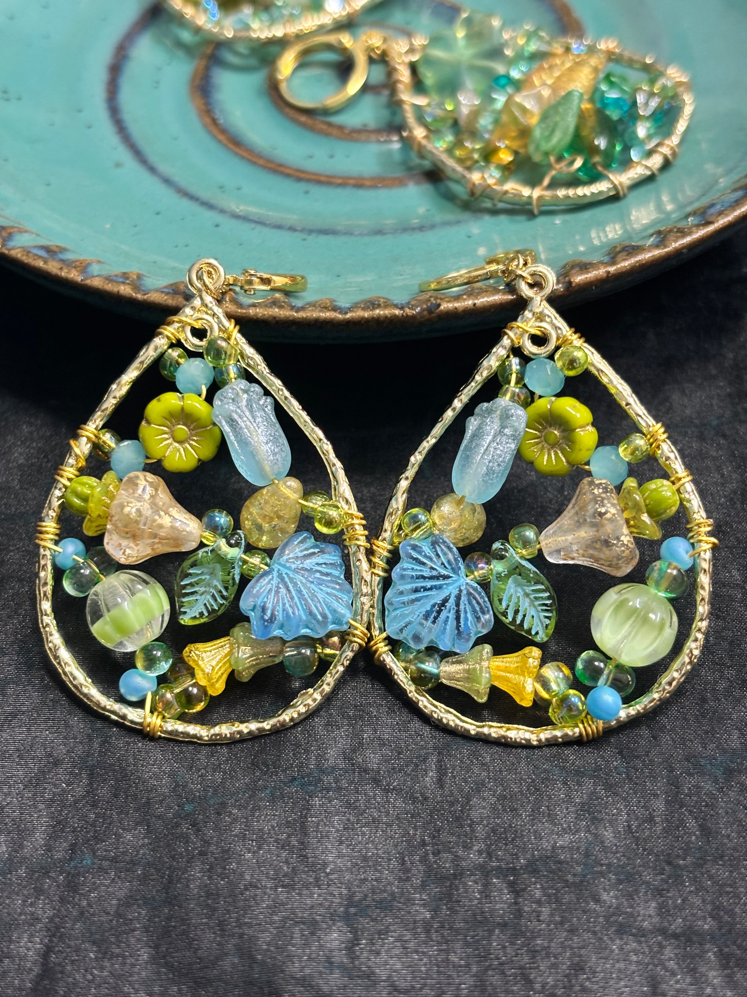 「Dreamcatcher Garden」Floral Dangle Earrings: Handmade Czech Glass Cottagecore Earrings