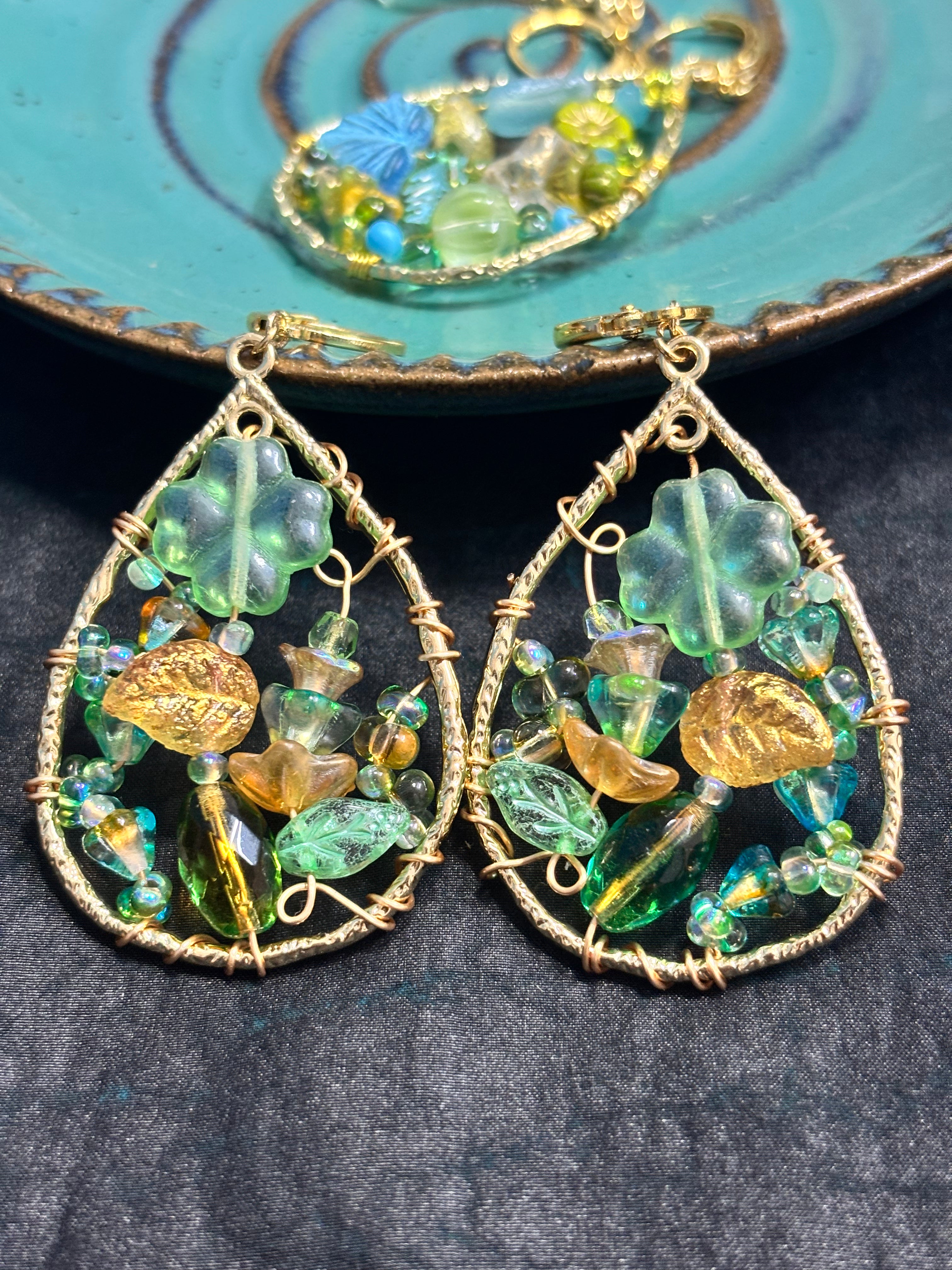「Dreamcatcher Garden」Floral Dangle Earrings: Handmade Czech Glass Cottagecore Earrings