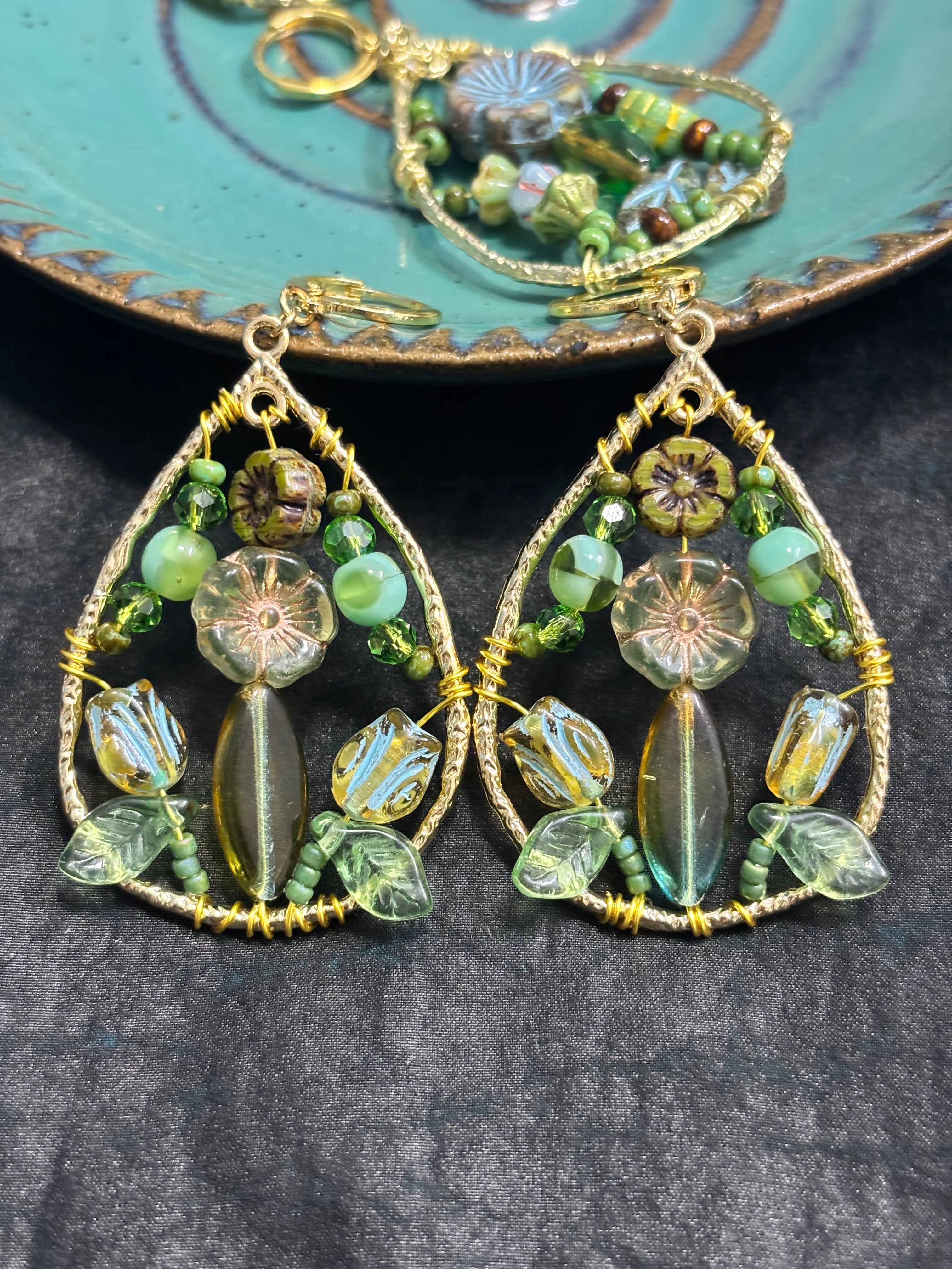 「Dreamcatcher Garden」Floral Dangle Earrings: Handmade Czech Glass Cottagecore Earrings